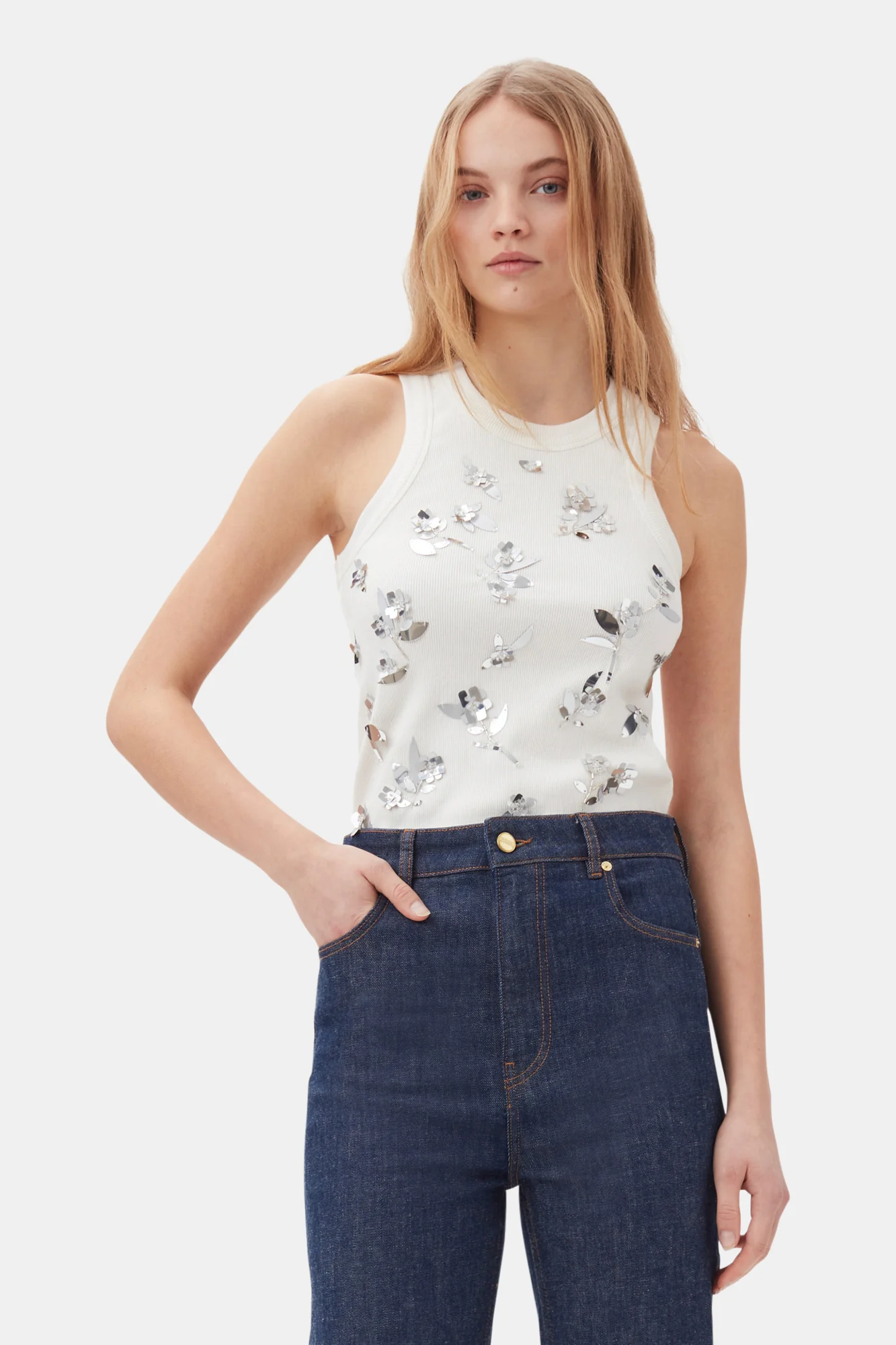 Rib Jersey Embellish Tank Top | Bright White - Image 3