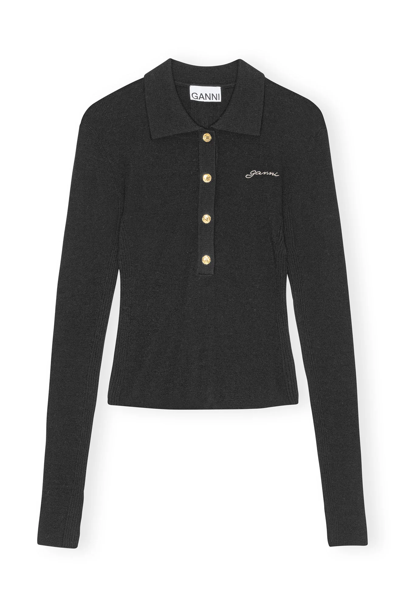 Ribbed Merino Polo Blouse | Black