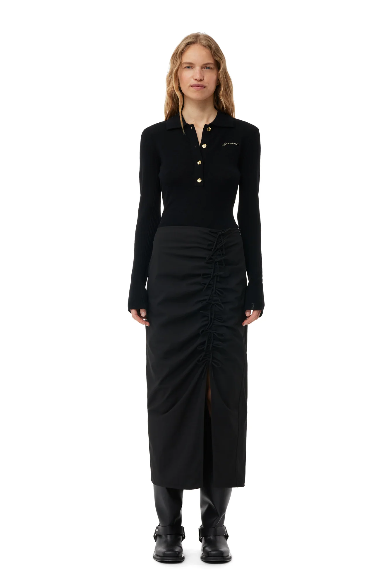 Ribbed Merino Polo Blouse | Black - Image 3