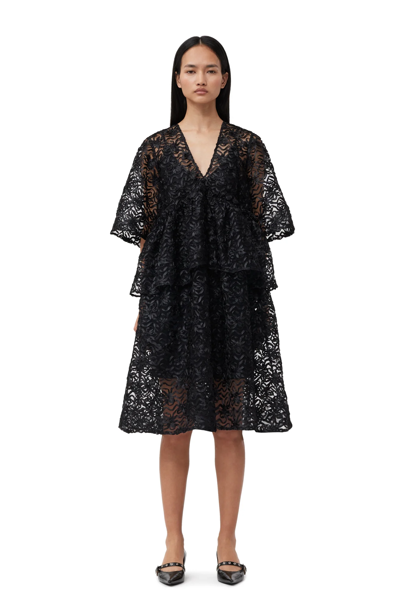 Ribbon Tulle Flounce Midi Dress | Black - Image 3