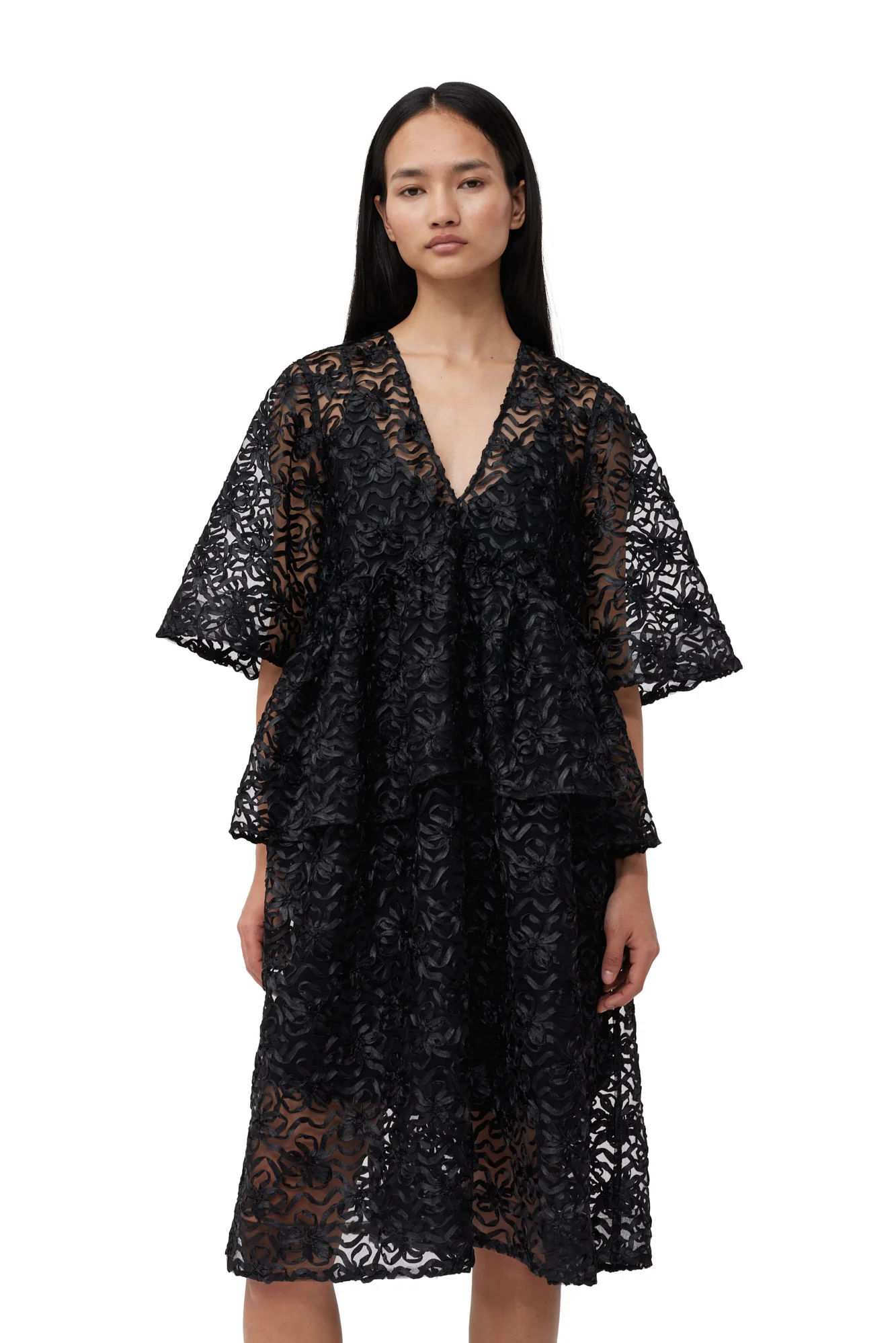 Ribbon Tulle Flounce Midi Dress | Black - Image 6