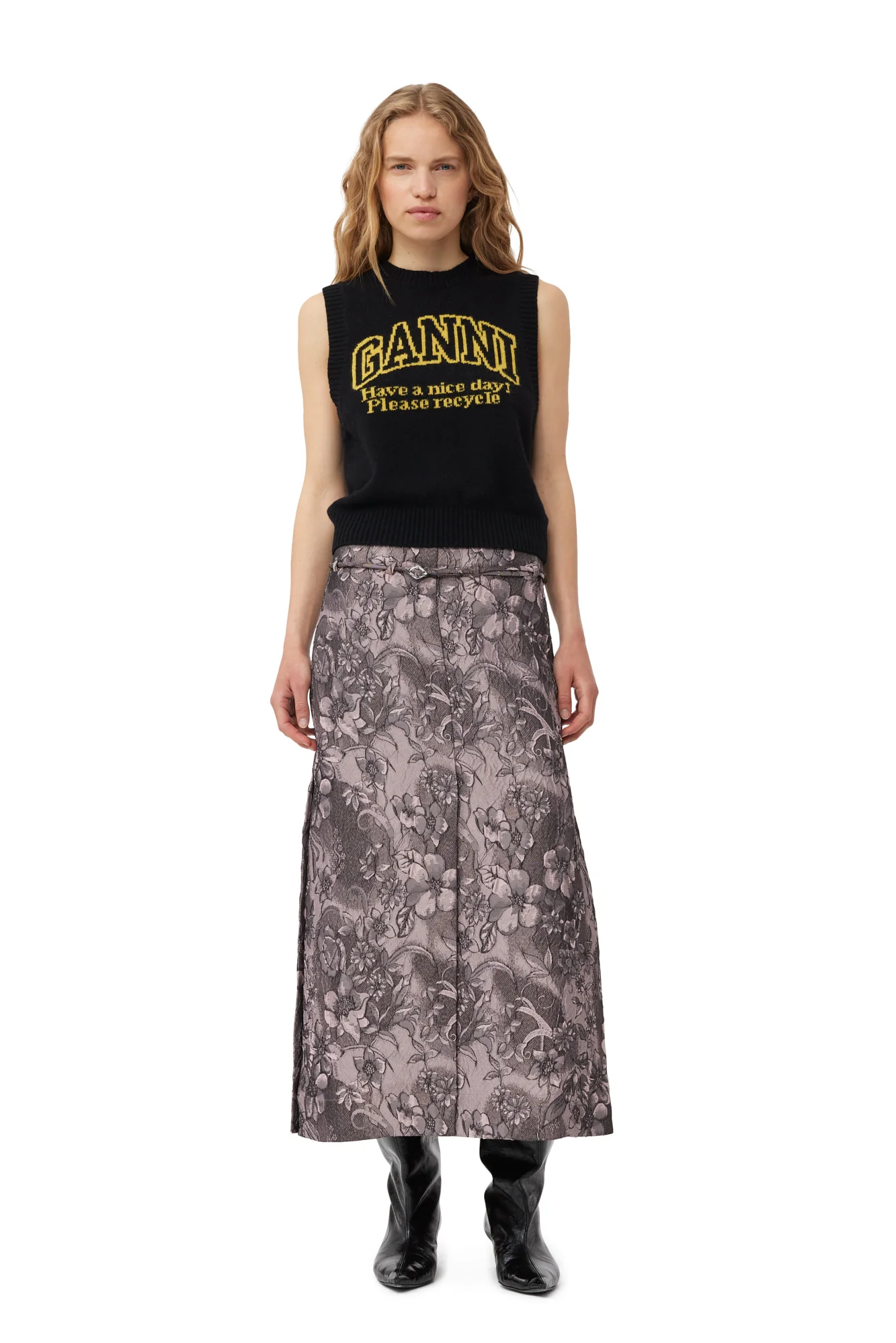 Rippled Jacquard Long Slit Skirt | Black Lotus - Image 3