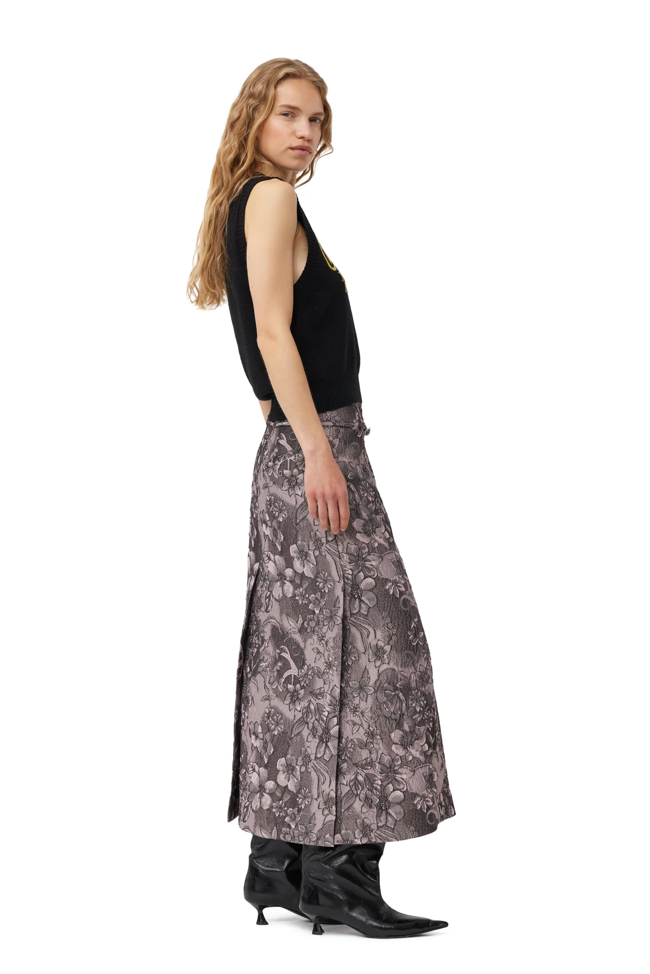 Rippled Jacquard Long Slit Skirt | Black Lotus - Image 5