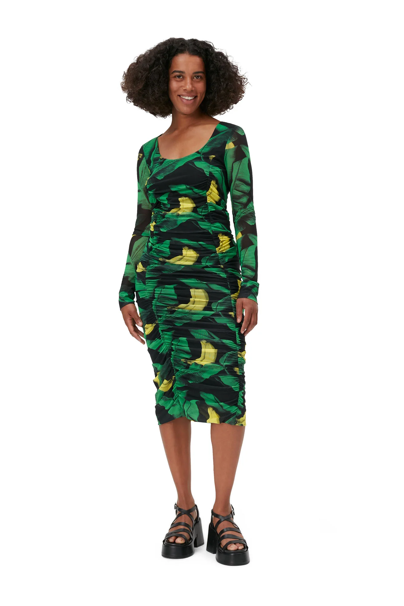 Ruched Scoop-Neck Mesh Midi Dress | Black - Image 3
