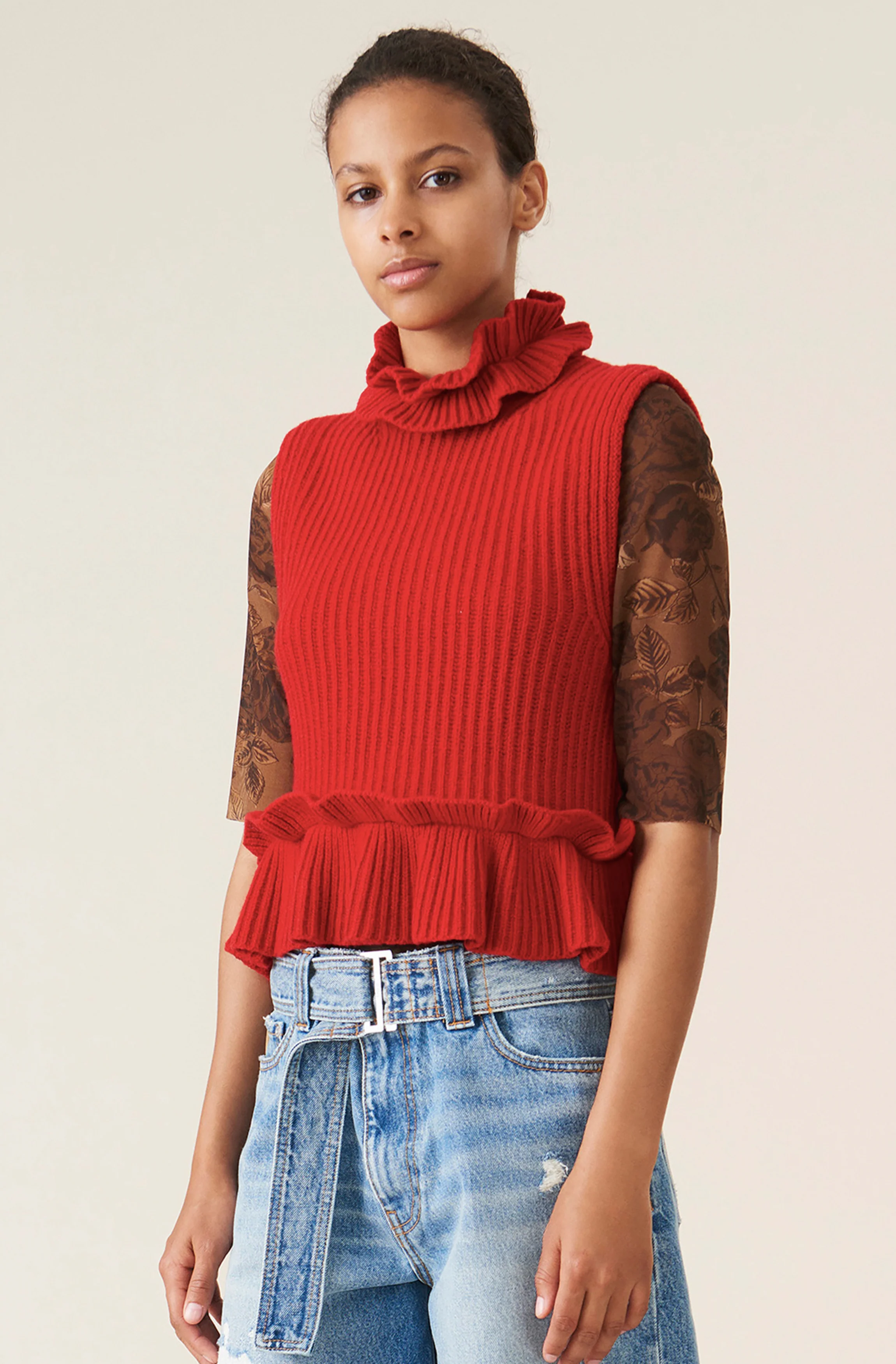 Ruffled Knit Vest | Flame Scarlet - Image 2