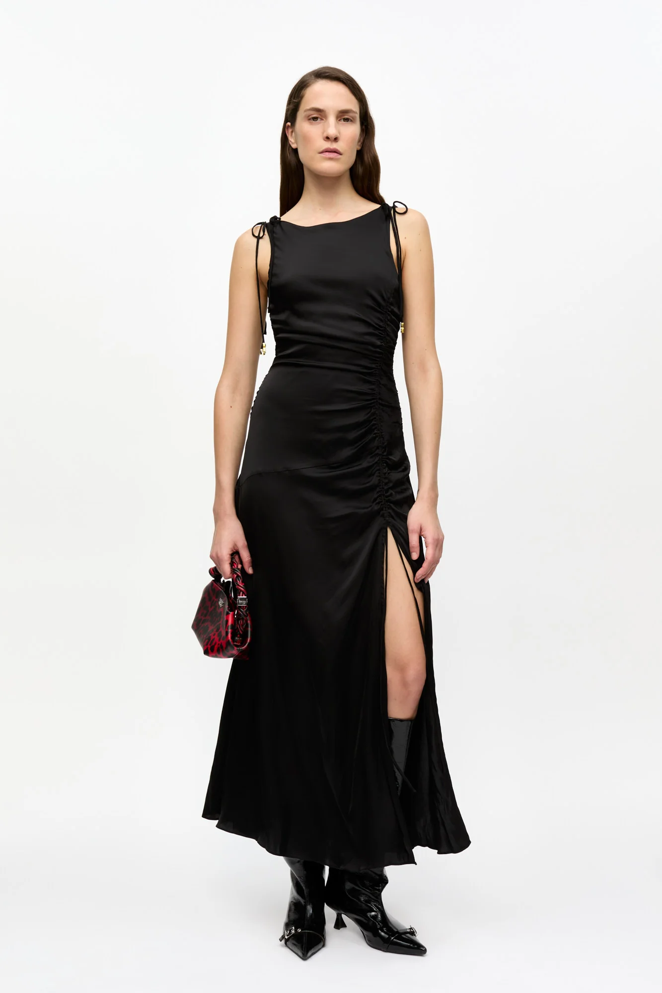 Satin Gathered Dress | Black - Image 3
