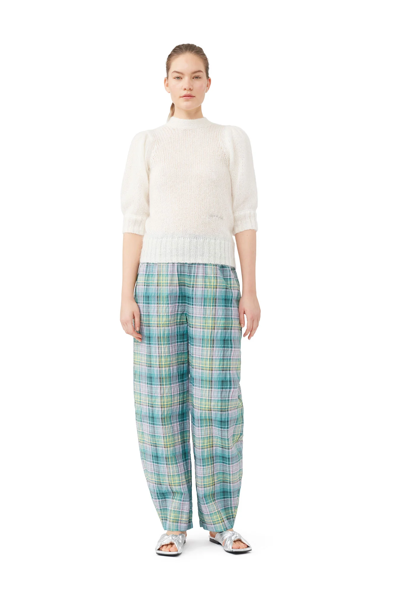 Seersucker Check Elasticated Mid Waist Pants | Lagoon - Image 6