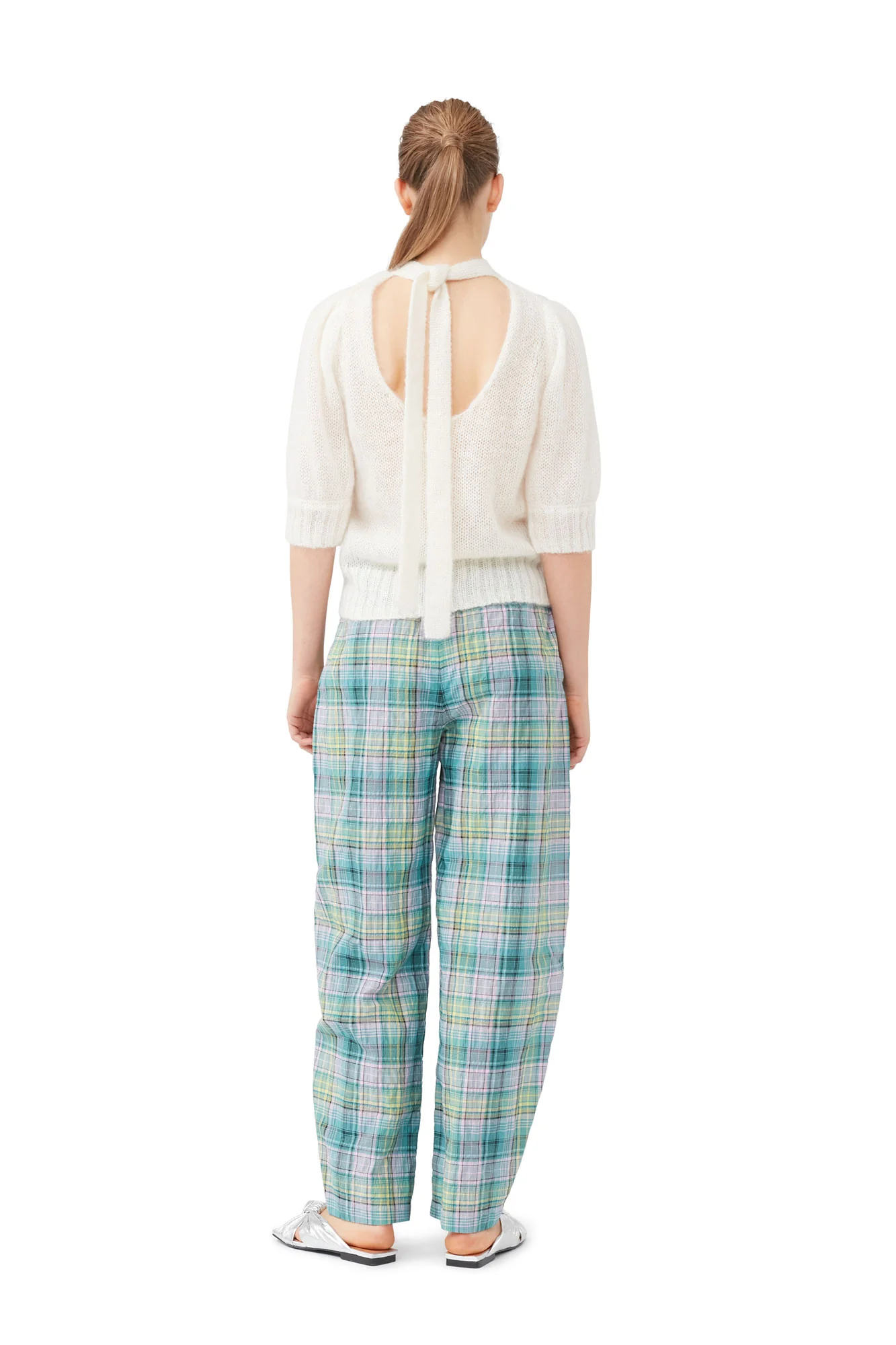 Seersucker Check Elasticated Mid Waist Pants | Lagoon - Image 7