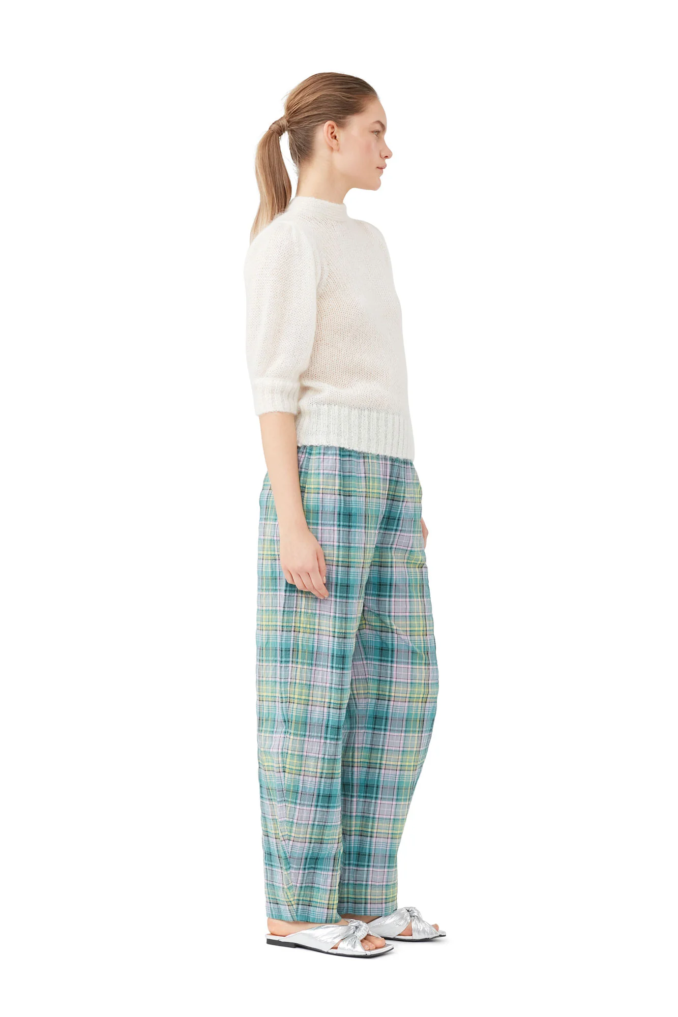 Seersucker Check Elasticated Mid Waist Pants | Lagoon - Image 8