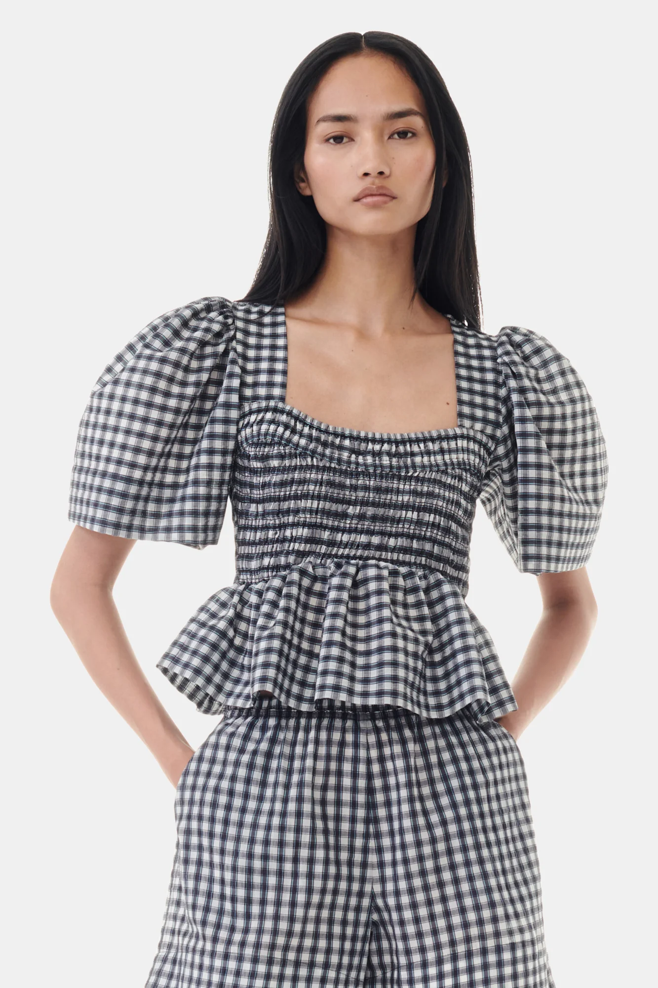 Seersucker Check Open-neck Smock Blouse | Egret - Image 3