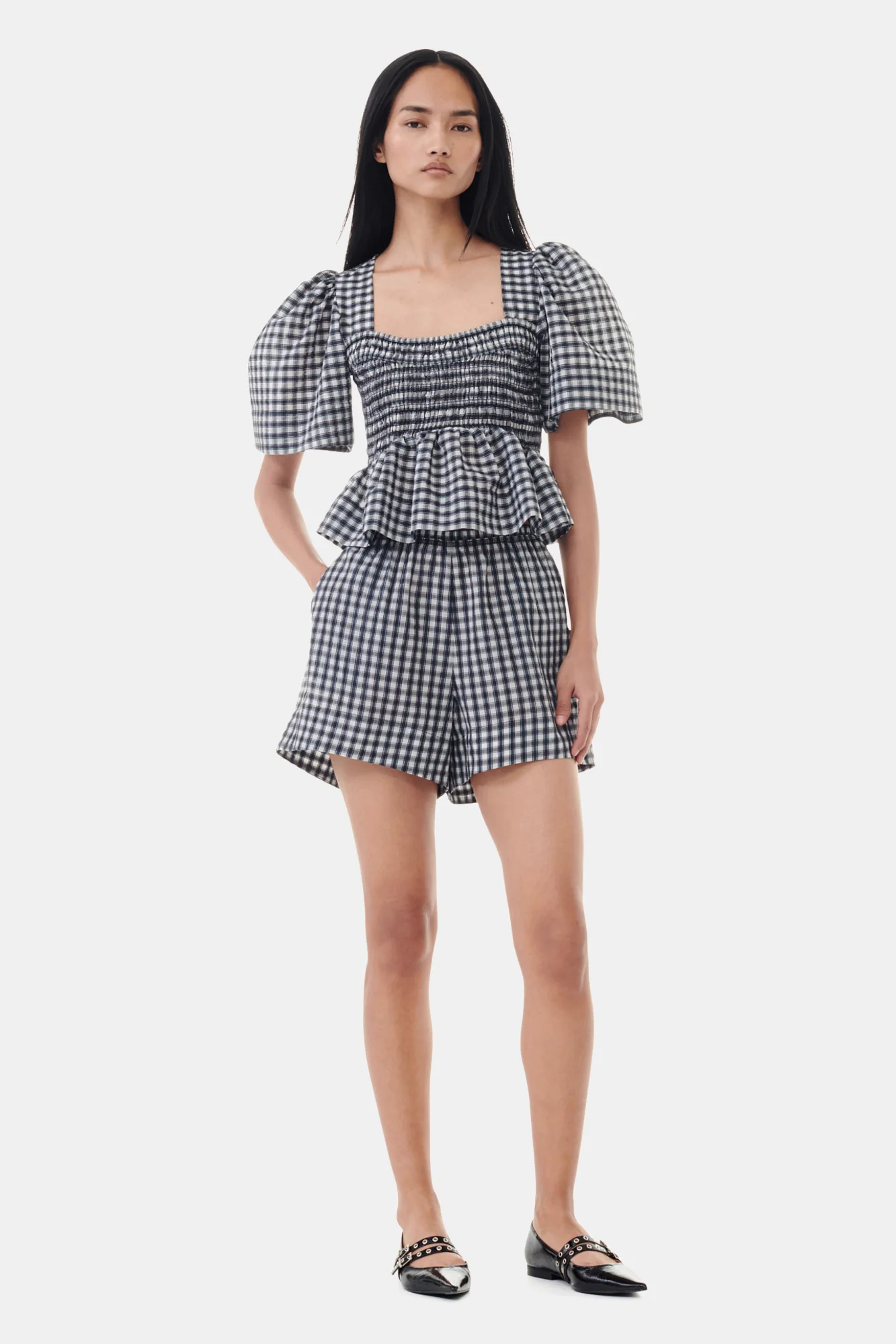 Seersucker Check Open-neck Smock Blouse | Egret - Image 4