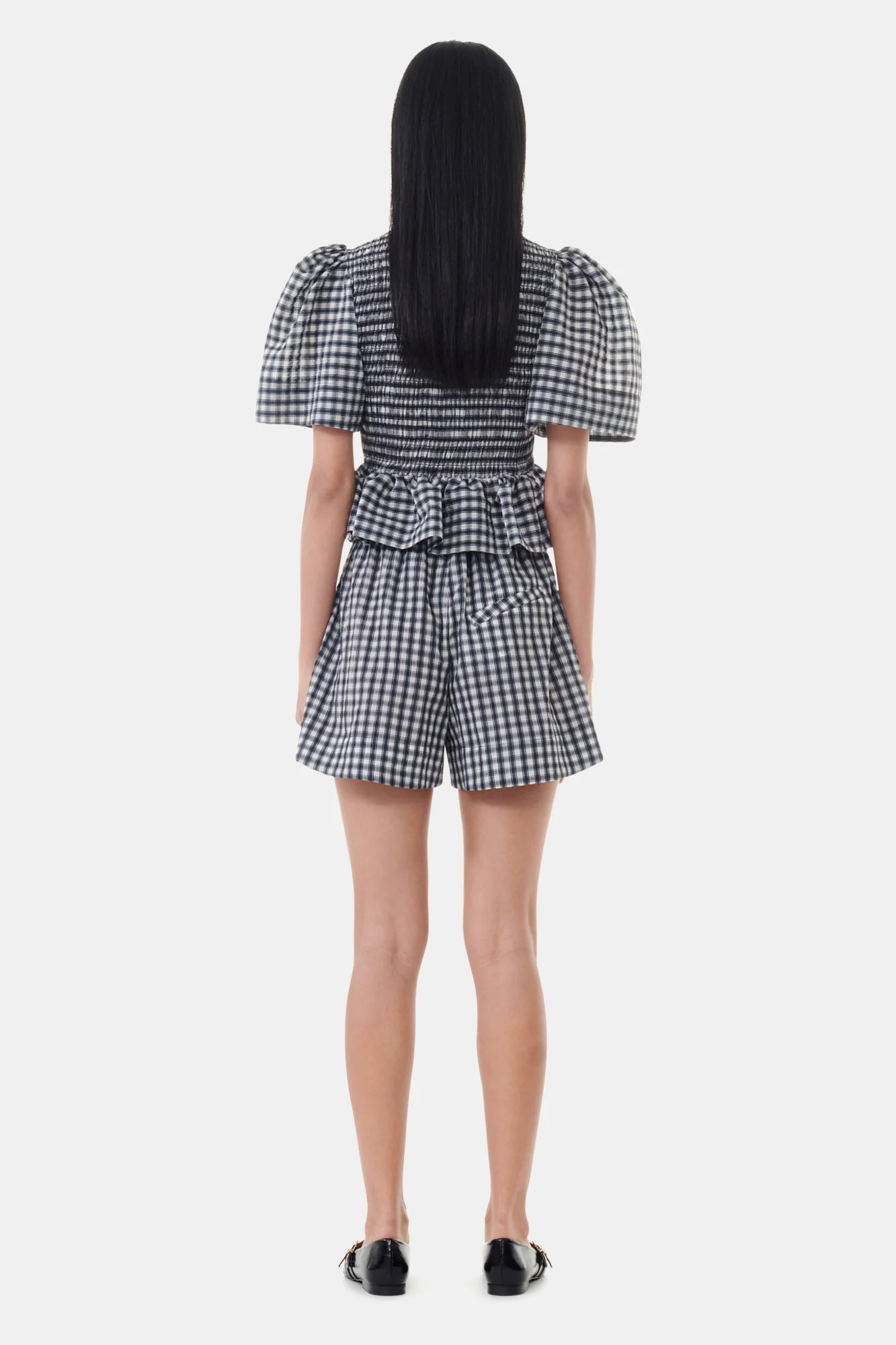 Seersucker Check Open-neck Smock Blouse | Egret - Image 6