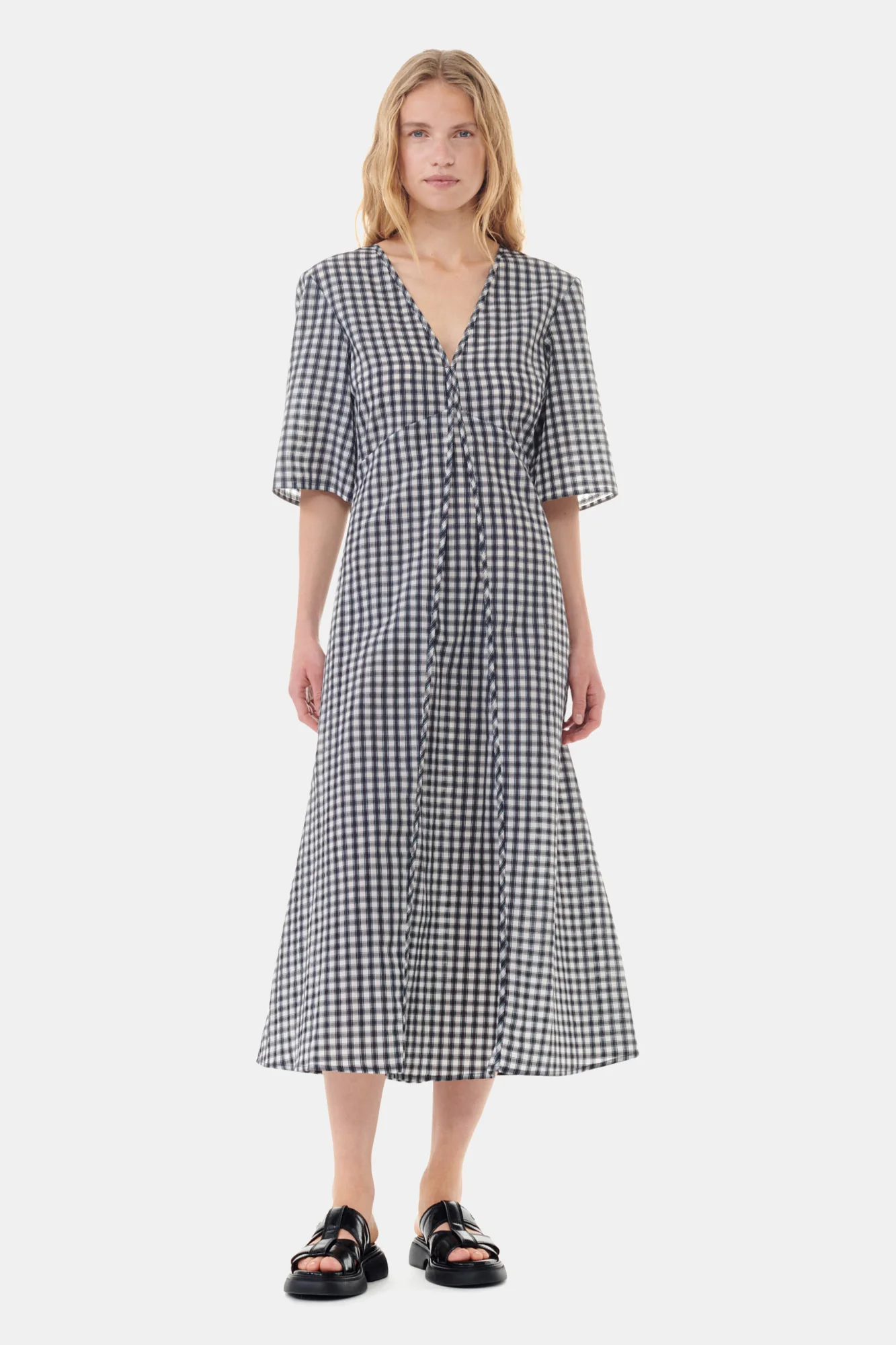 Seersucker Check V-Neck Long Dress | Egret - Image 3