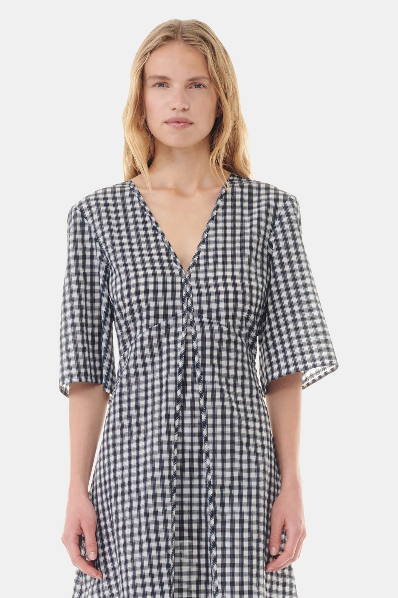 Seersucker Check V-Neck Long Dress | Egret - Image 4