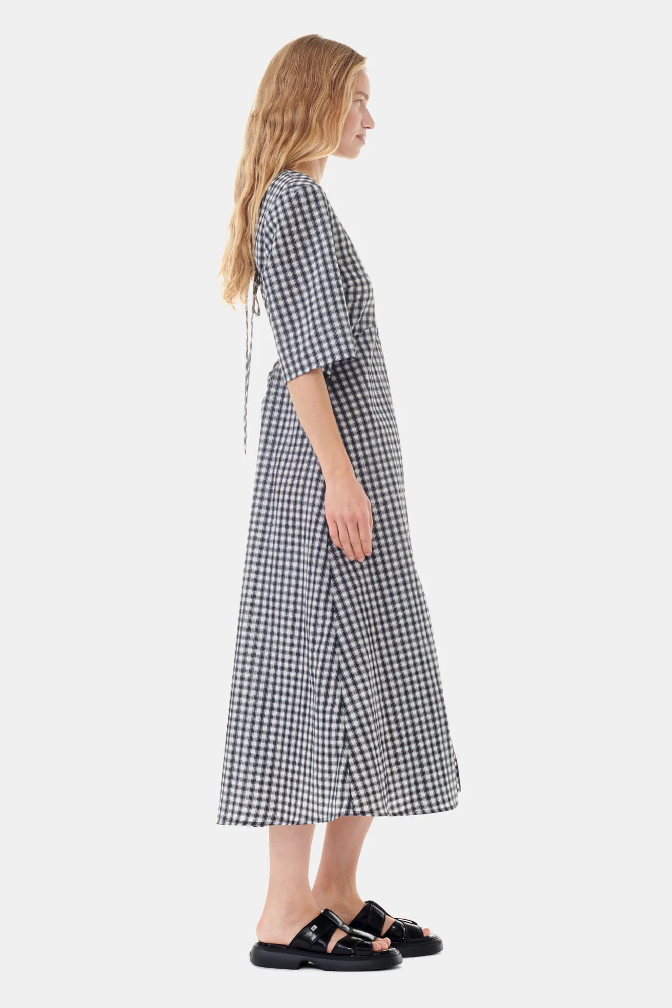Seersucker Check V-Neck Long Dress | Egret - Image 5