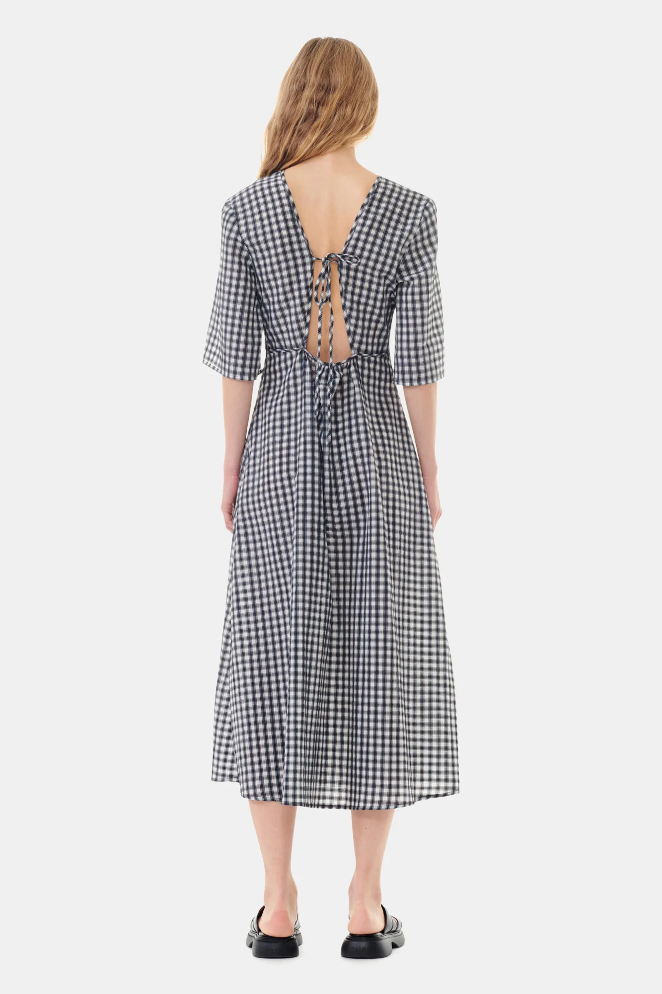 Seersucker Check V-Neck Long Dress | Egret - Image 6