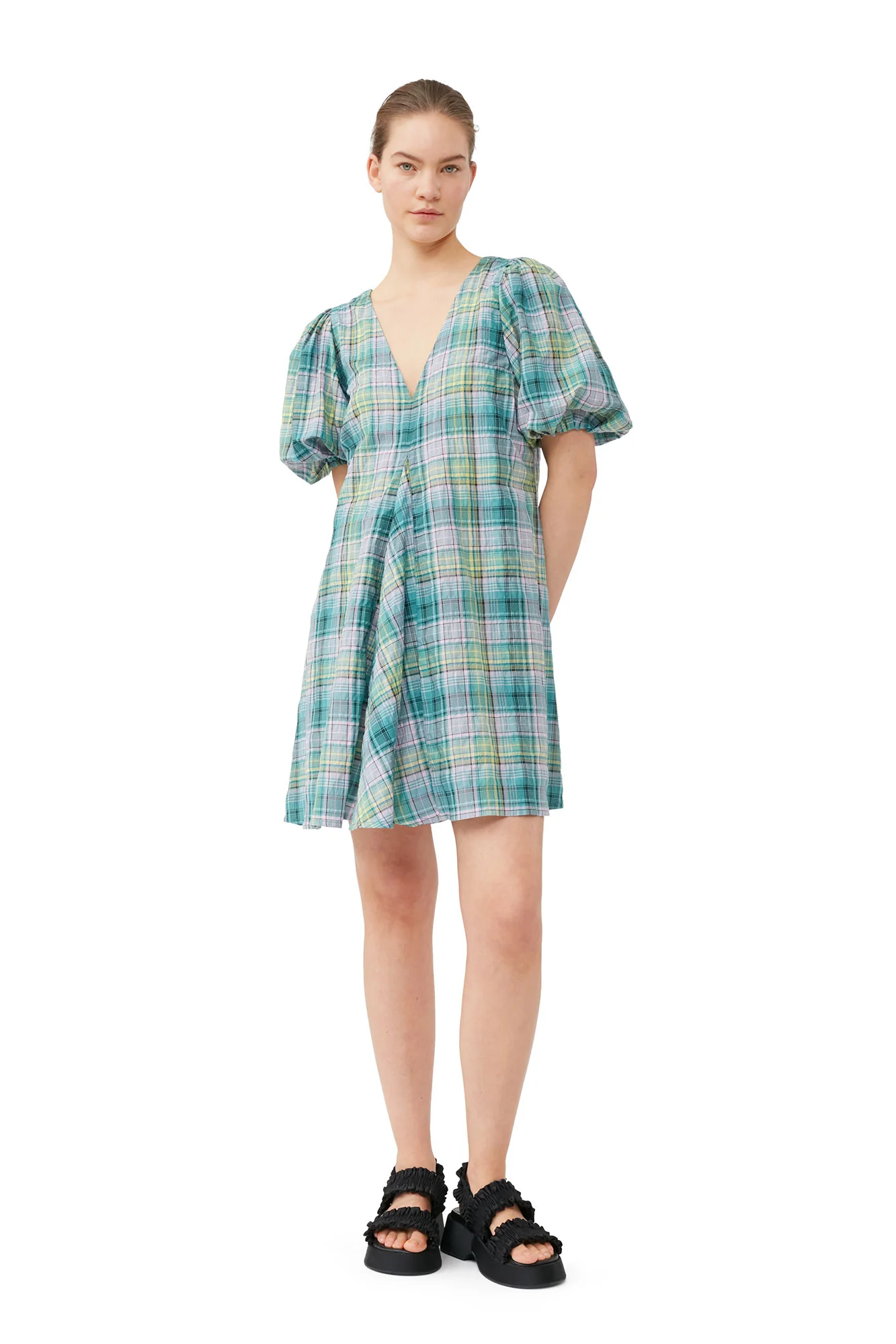 Seersucker Check V-Neck Mini Dress | Lagoon - Image 3
