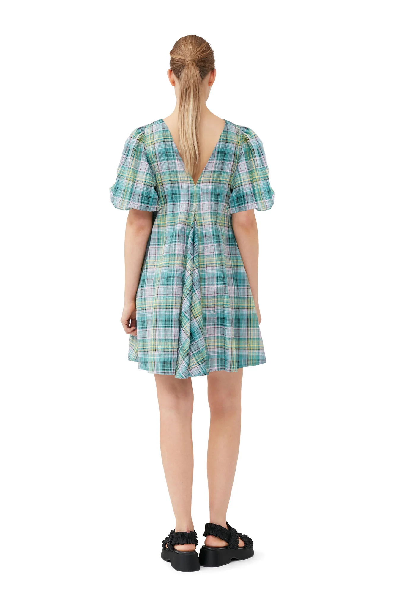 Seersucker Check V-Neck Mini Dress | Lagoon - Image 4