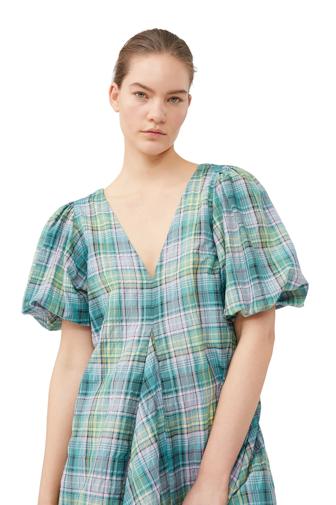 Seersucker Check V-Neck Mini Dress | Lagoon - Image 6