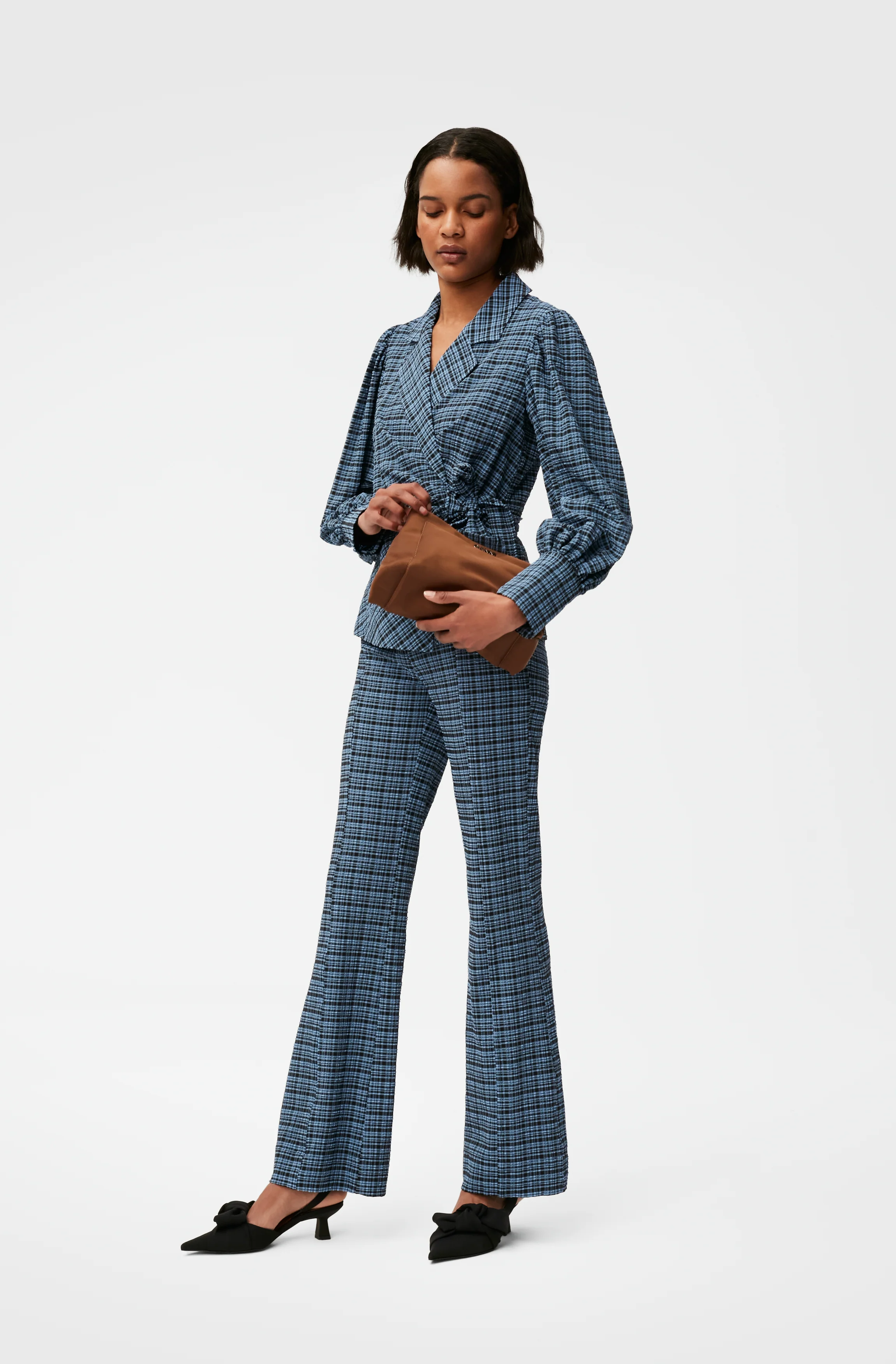 Seersucker Flared Trousers | Mini Check Granada Sky - Image 3