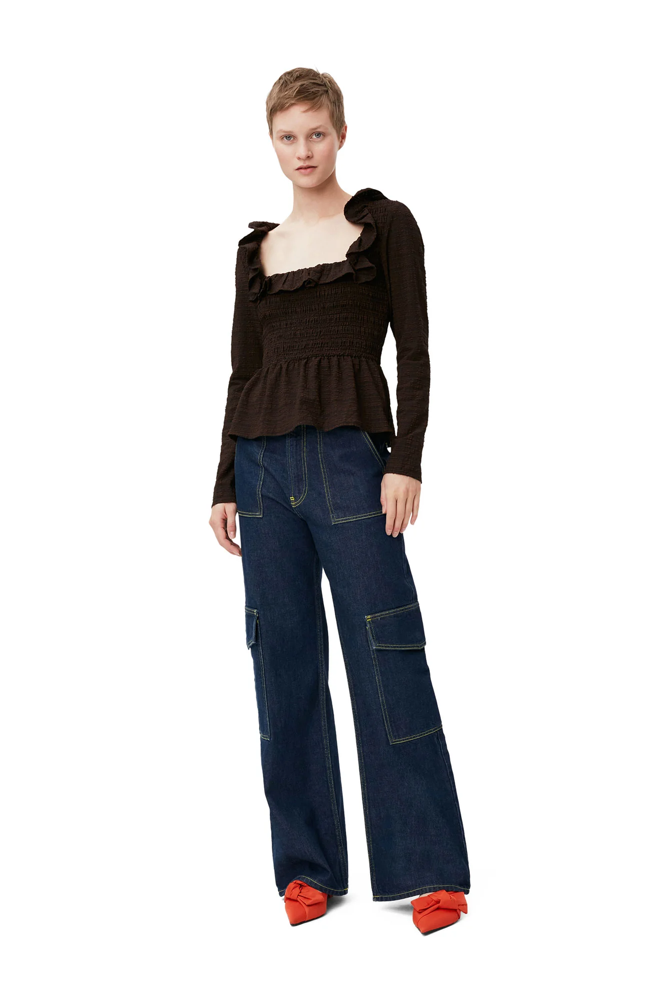 Seersucker Open-neck Smock Blouse | Chicory Coffee - Image 3