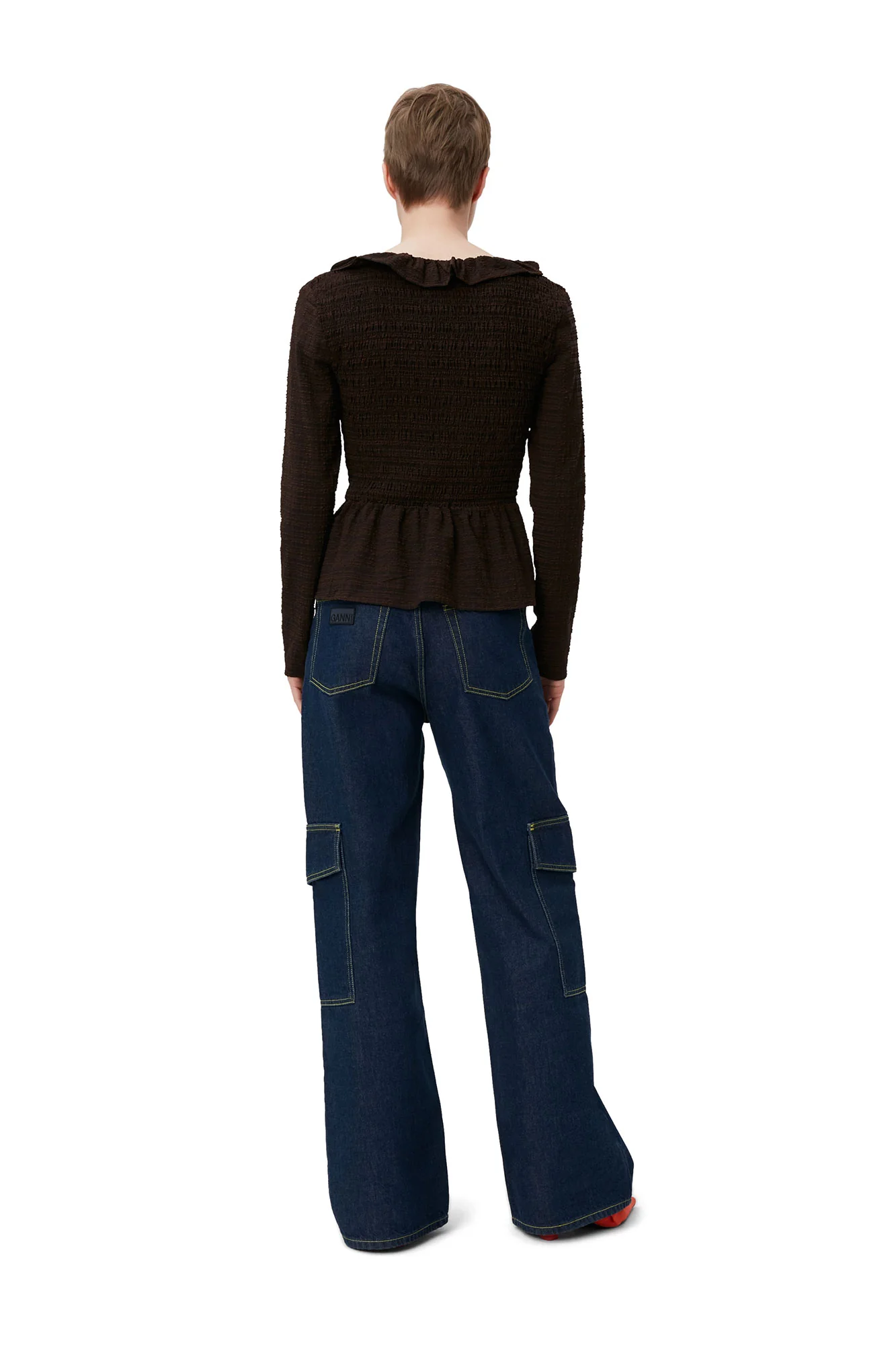 Seersucker Open-neck Smock Blouse | Chicory Coffee - Image 4