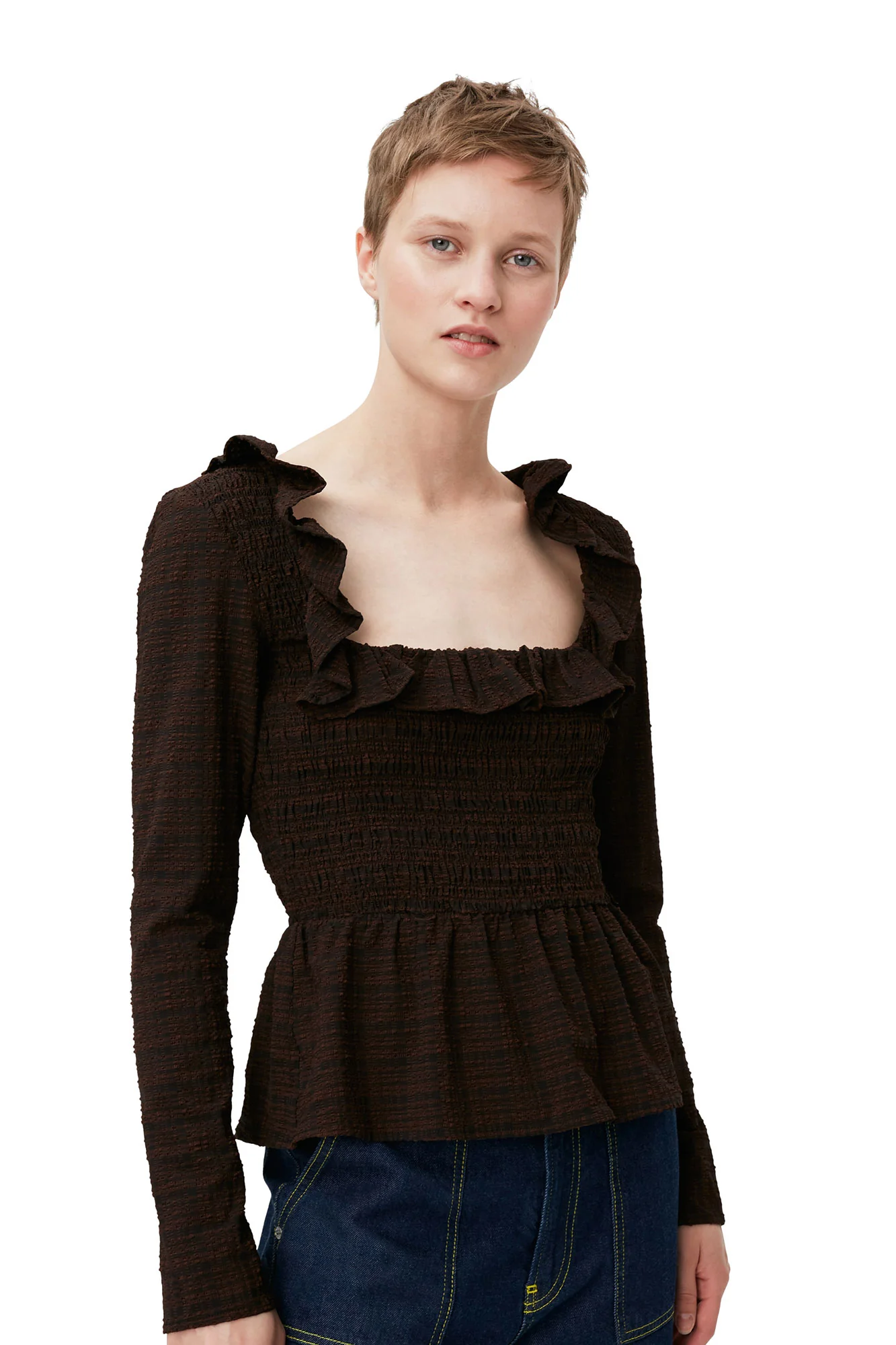 Seersucker Open-neck Smock Blouse | Chicory Coffee - Image 5