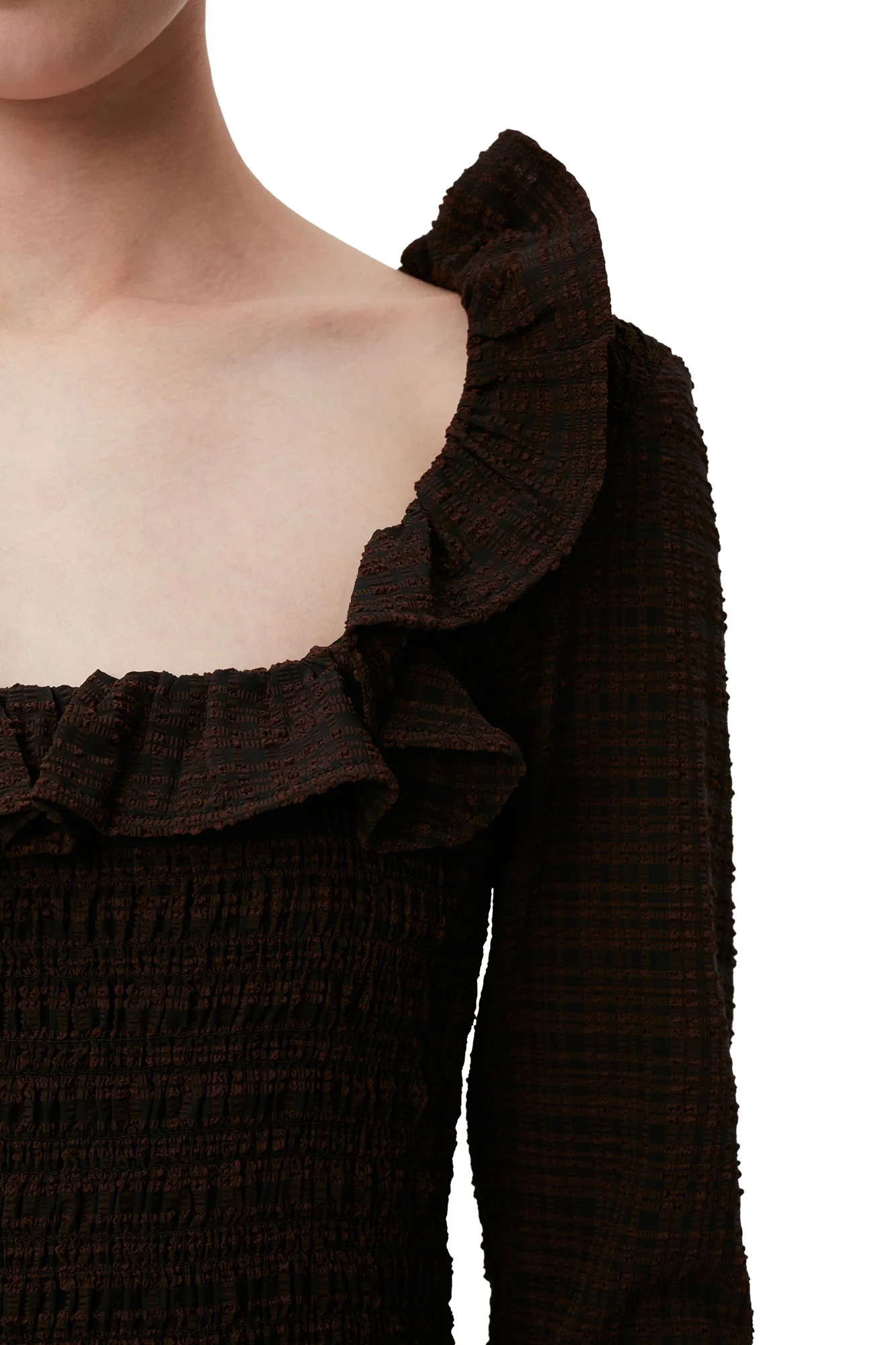 Seersucker Open-neck Smock Blouse | Chicory Coffee - Image 6