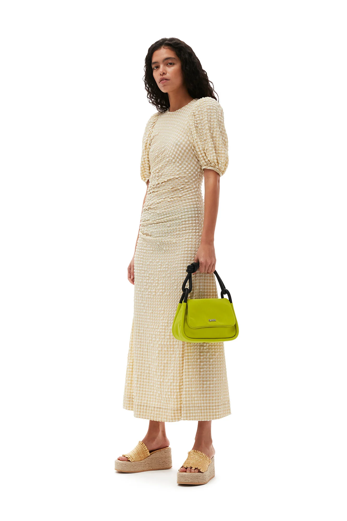 Seersucker Puff Sleeves Dress | Pale Khaki - Image 3