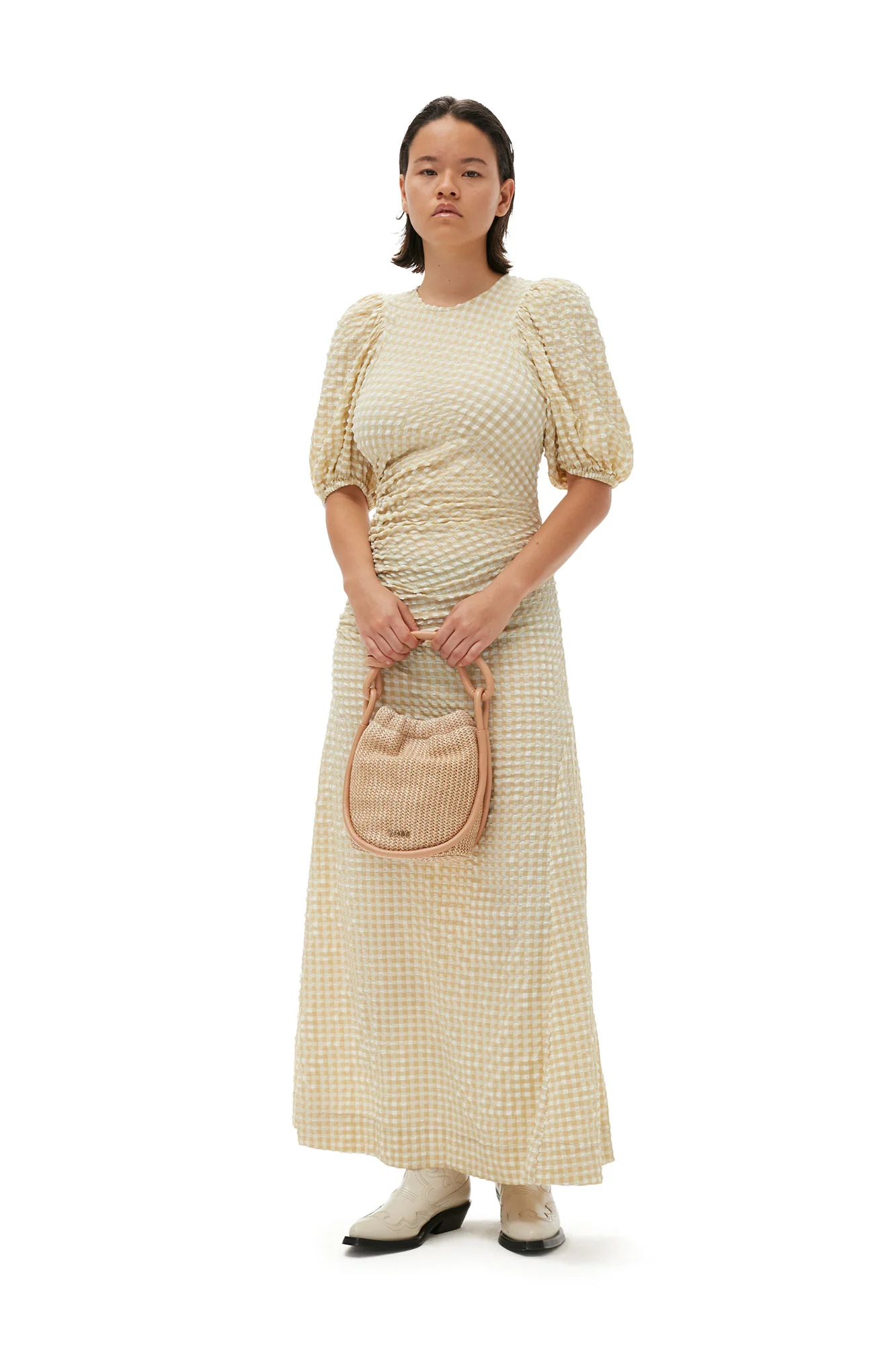 Seersucker Puff Sleeves Dress | Pale Khaki - Image 6