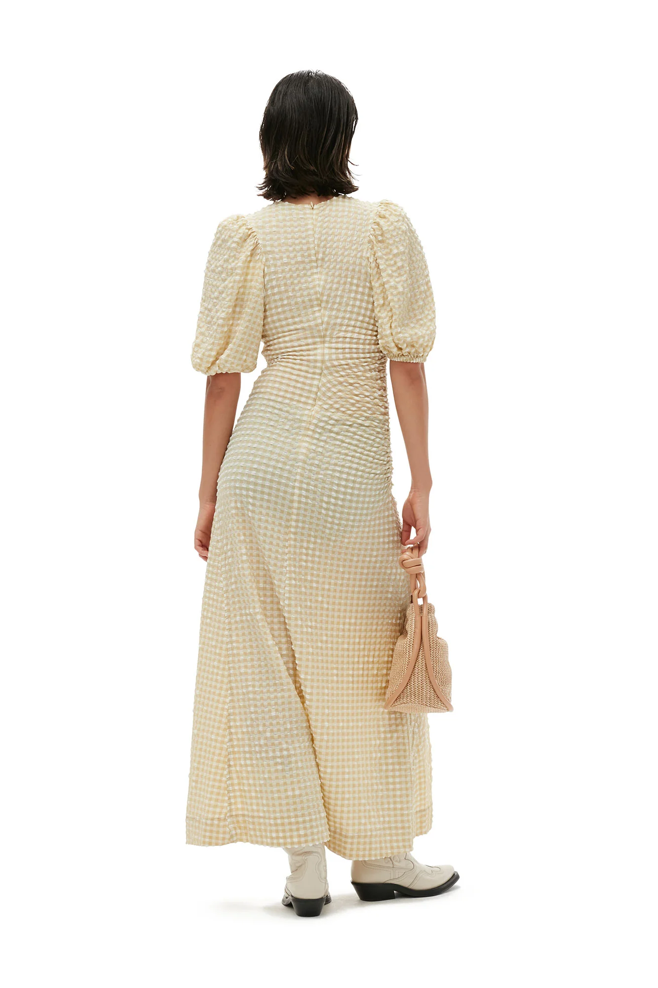 Seersucker Puff Sleeves Dress | Pale Khaki - Image 7