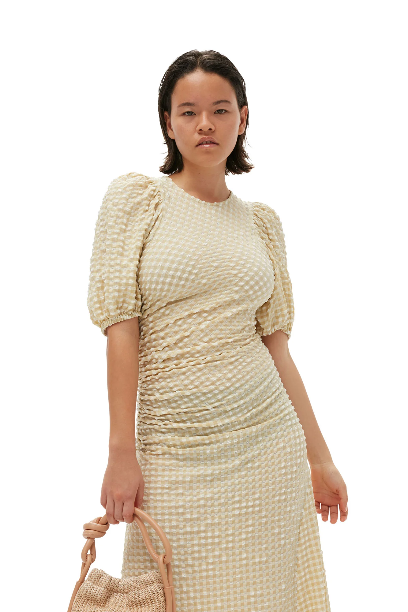 Seersucker Puff Sleeves Dress | Pale Khaki - Image 8