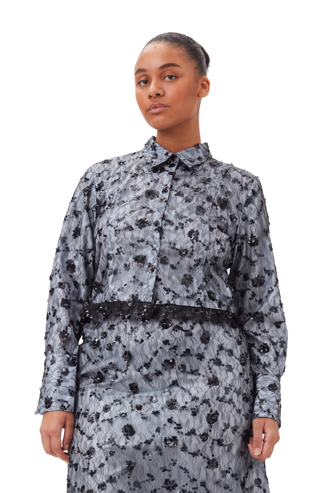 Sequin Lace Cropped Shirt | Heather - Image 7
