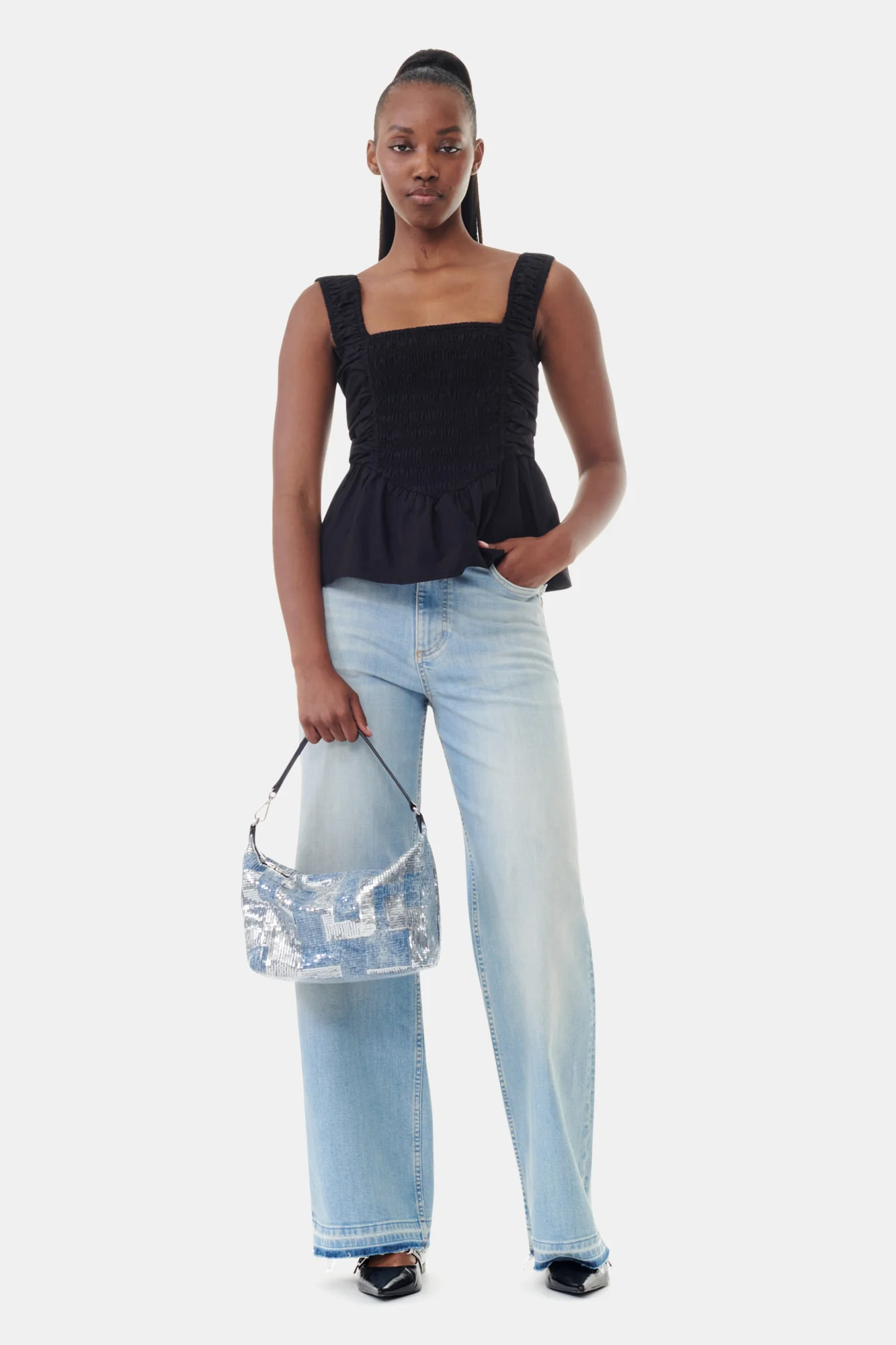 Sequin Medium Butterfly Pouch Satin Bag | Denim - Image 2