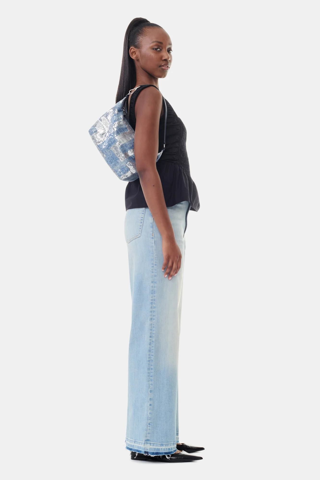 Sequin Medium Butterfly Pouch Satin Bag | Denim - Image 3