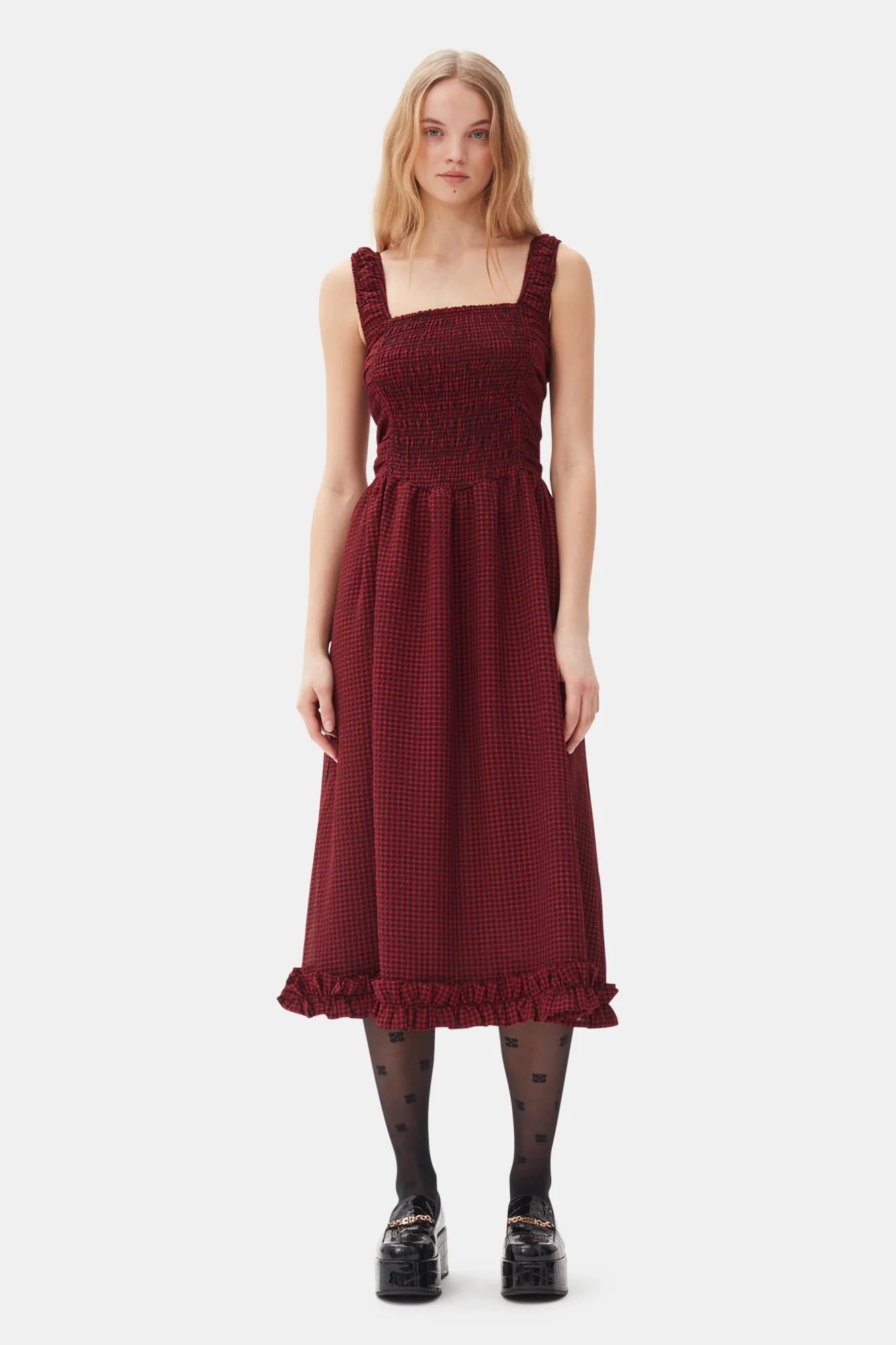 Sheer Fluid Check Midi Strap Smock Dress | Winery - Image 3