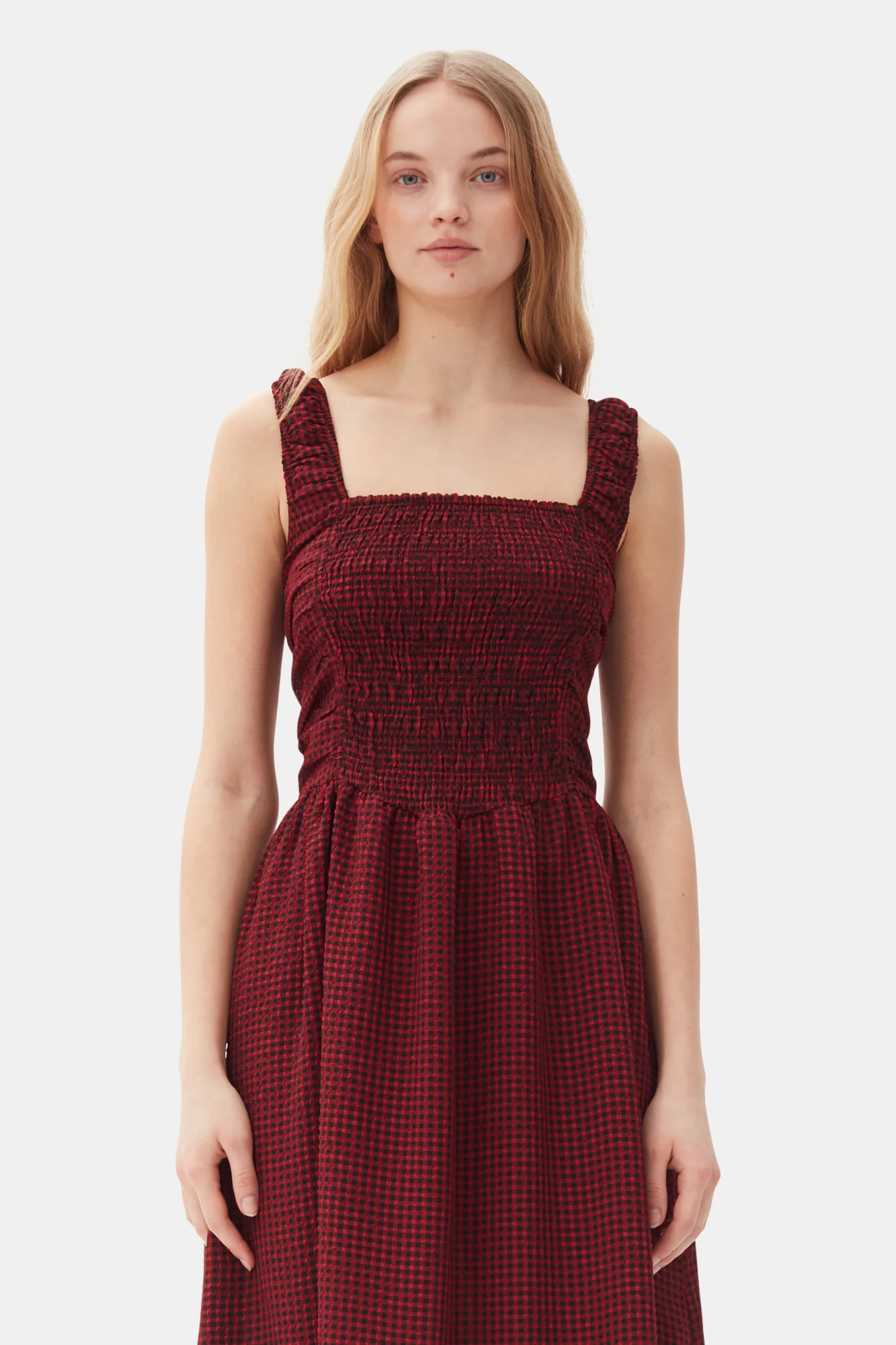 Sheer Fluid Check Midi Strap Smock Dress | Winery - Image 4