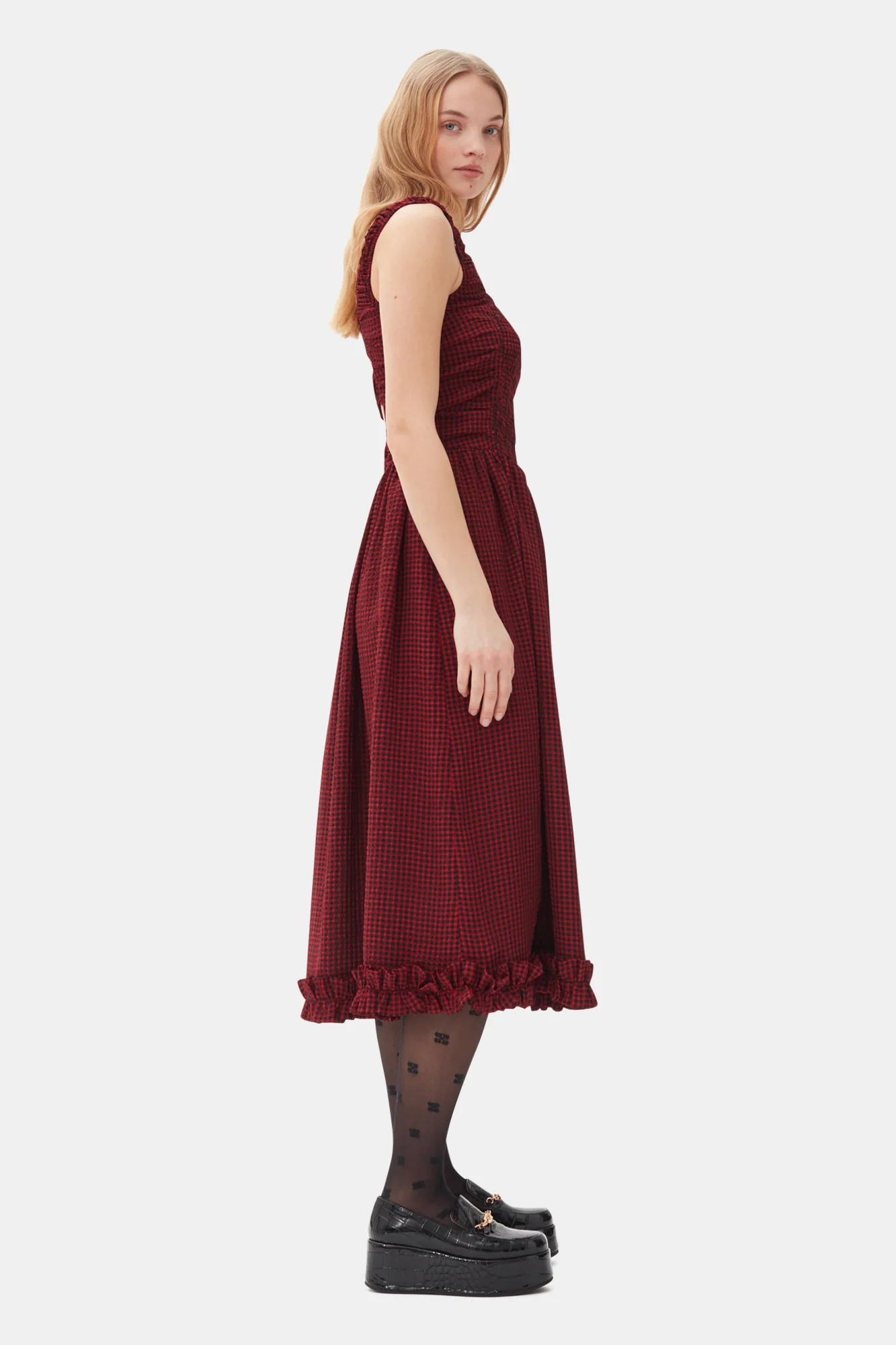 Sheer Fluid Check Midi Strap Smock Dress | Winery - Image 5