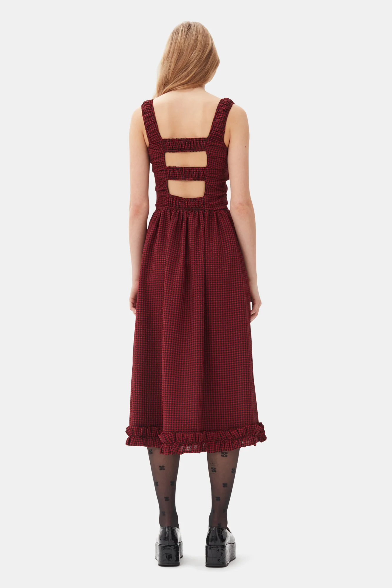 Sheer Fluid Check Midi Strap Smock Dress | Winery - Image 6