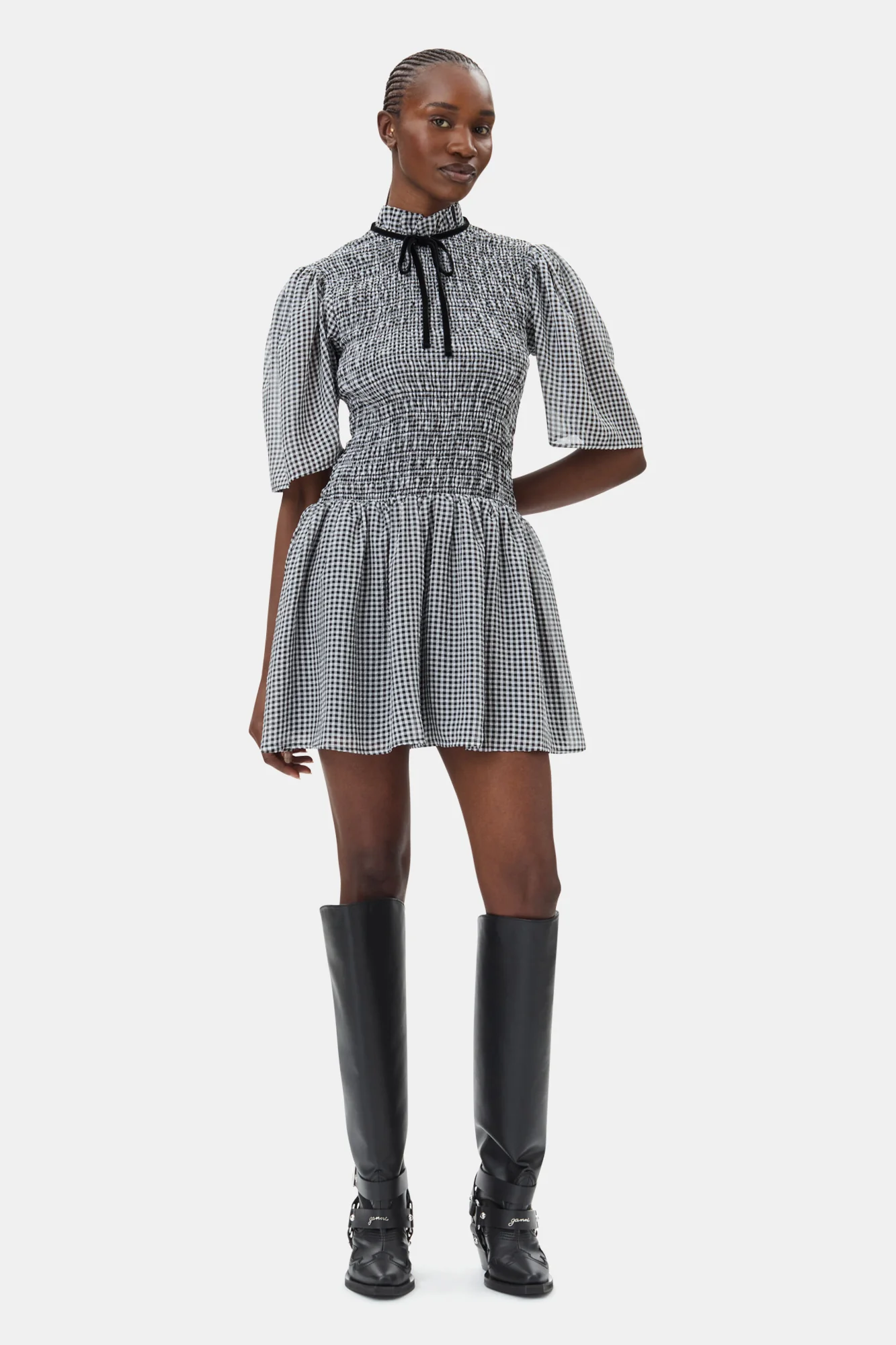 Sheer Fluid Check Mini Smock Dress | Black - Image 3
