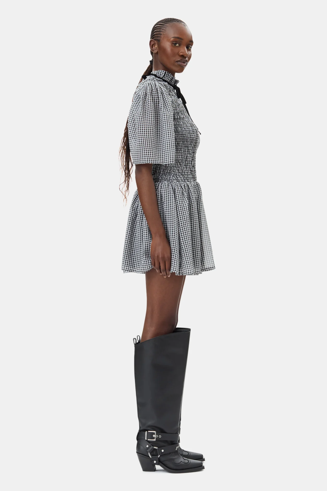 Sheer Fluid Check Mini Smock Dress | Black - Image 5