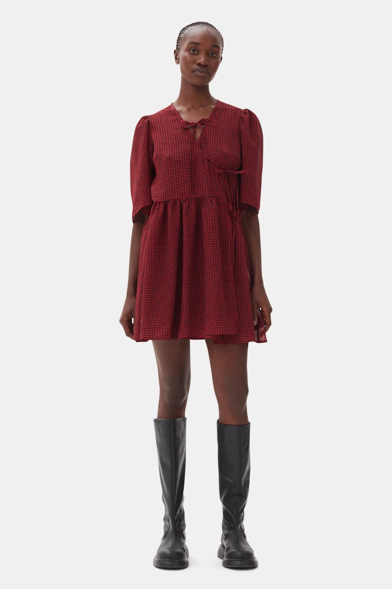 Sheer Fluid Check Tie String Wrap Dress | Winery - Image 3