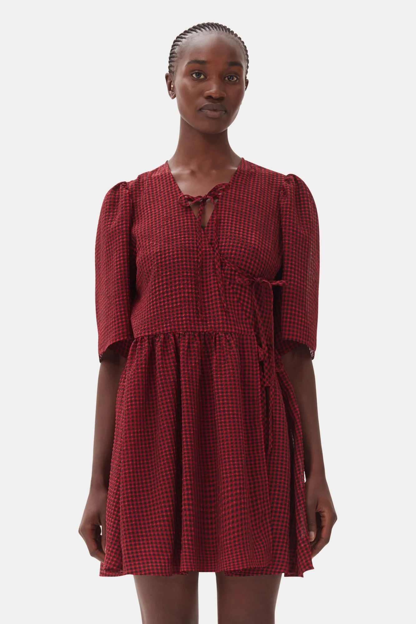 Sheer Fluid Check Tie String Wrap Dress | Winery - Image 4