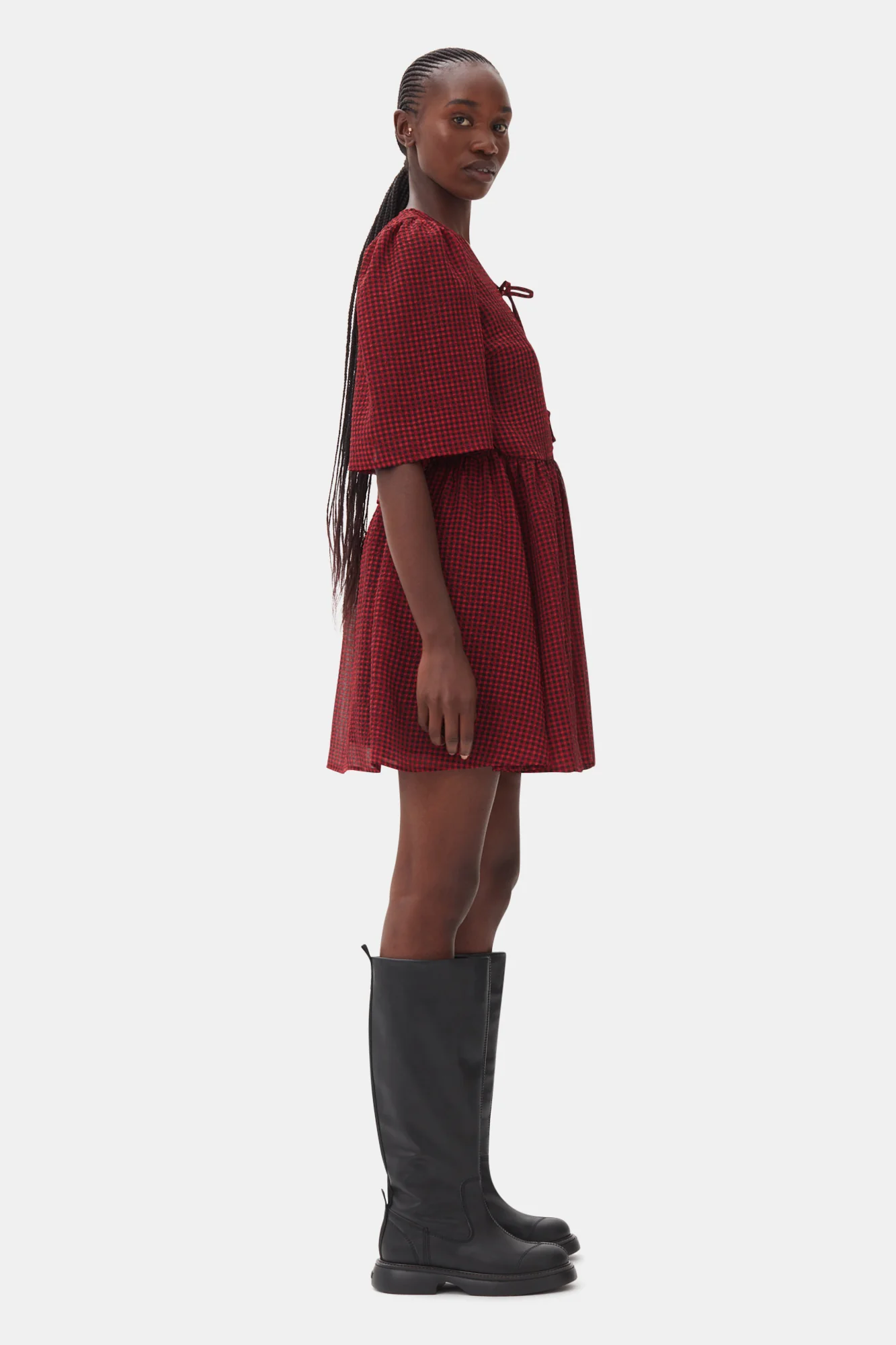 Sheer Fluid Check Tie String Wrap Dress | Winery - Image 5