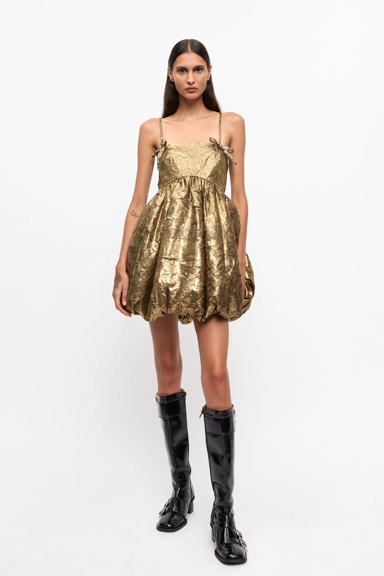Shibori Pleat Strap Mini Dress | Gold - Image 3