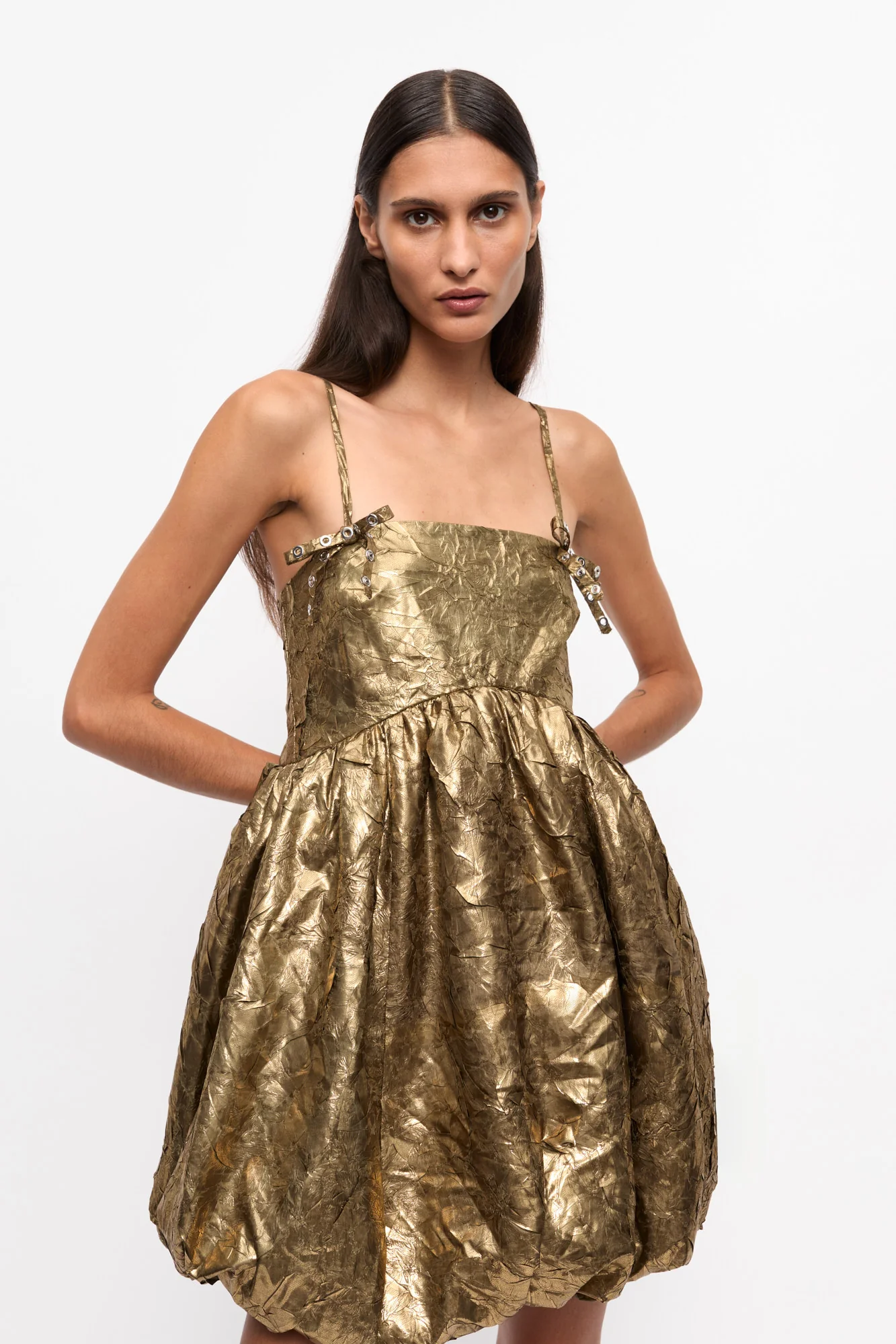 Shibori Pleat Strap Mini Dress | Gold - Image 4