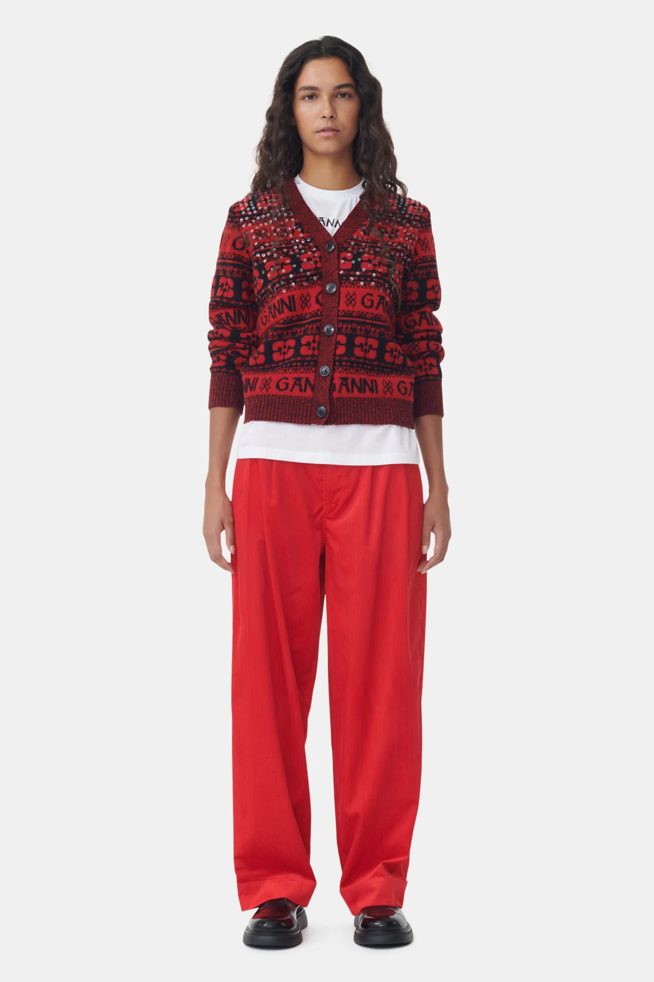 Shiny Corduroy Loose Pleat Trousers | High Risk Red - Image 3