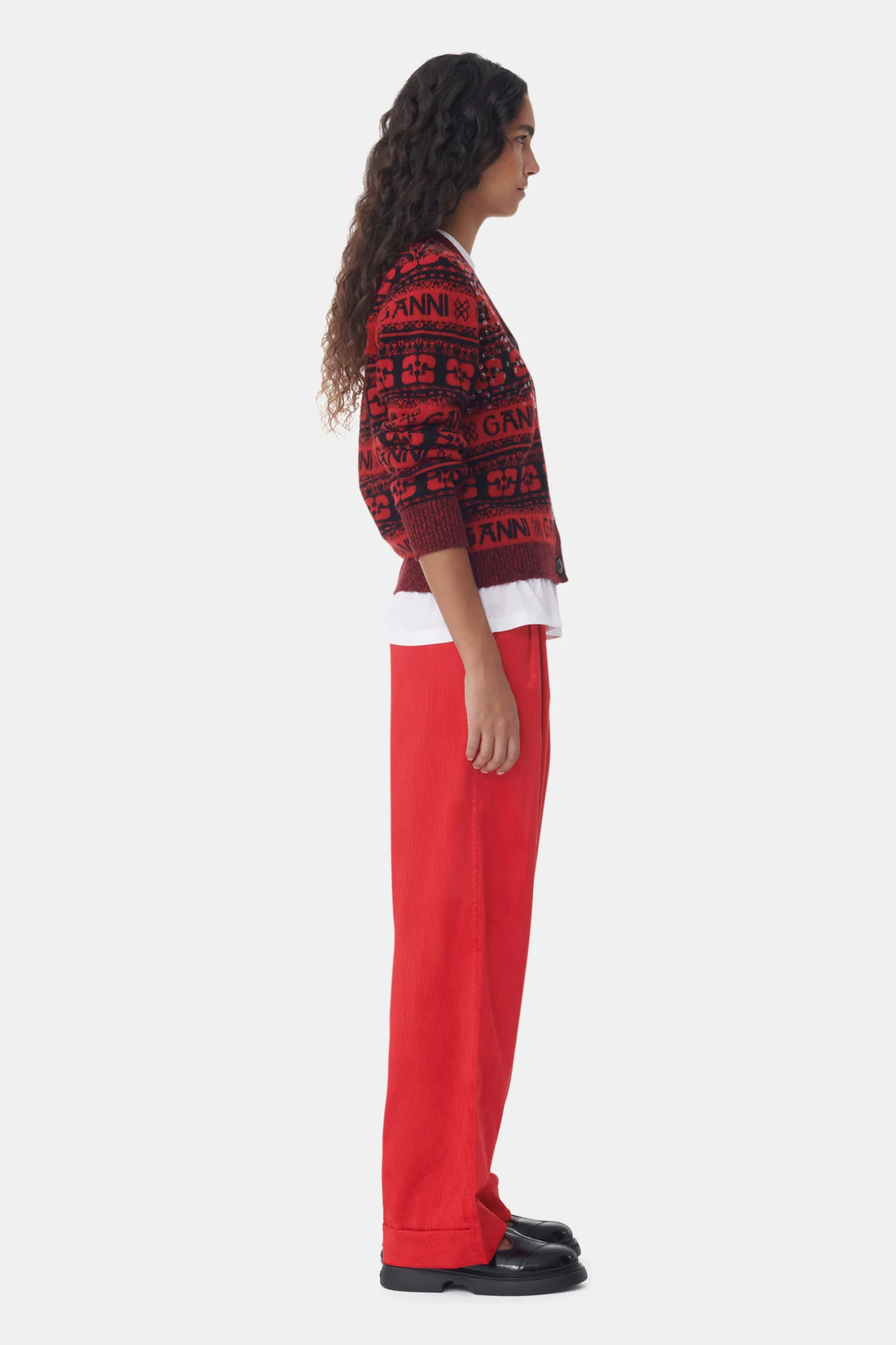 Shiny Corduroy Loose Pleat Trousers | High Risk Red - Image 4