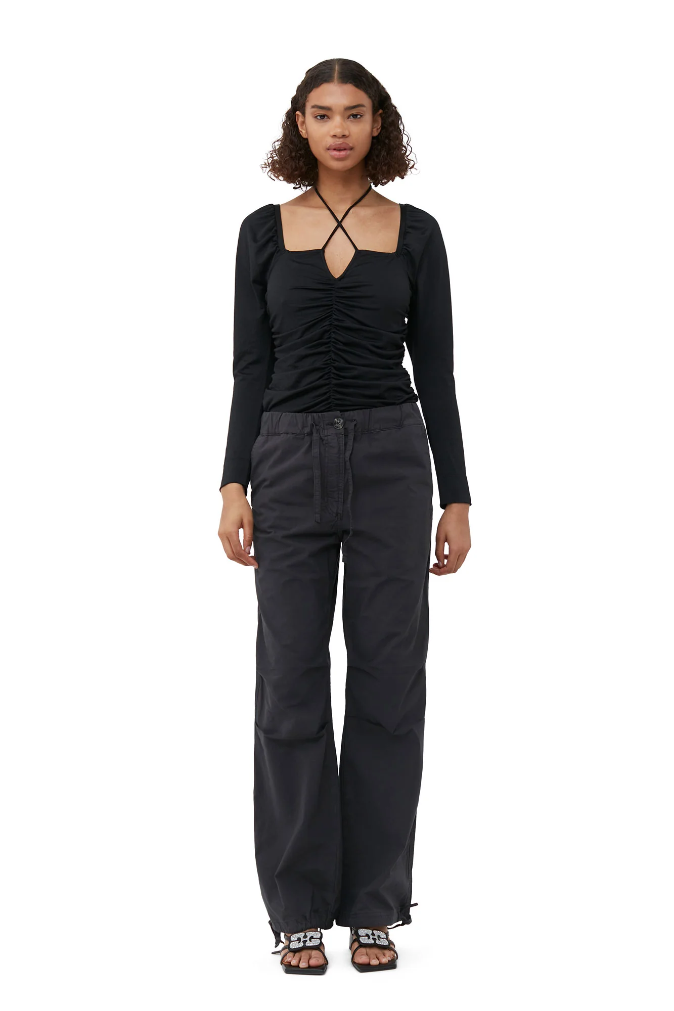 Shiny Crepe Jersey Ruched Blouse | Black - Image 5