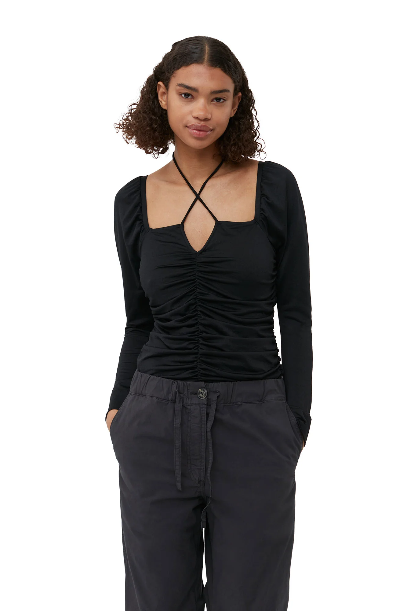 Shiny Crepe Jersey Ruched Blouse | Black - Image 8